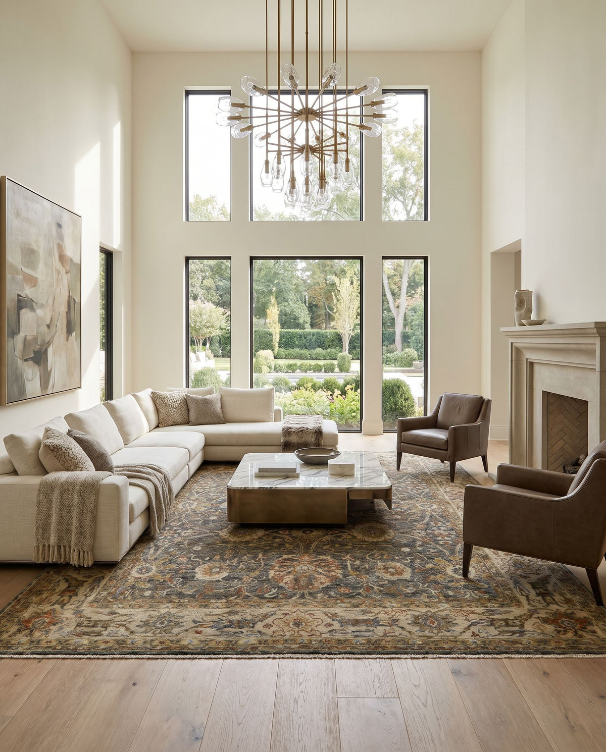 Anatolia ANY-2301 Hand Knotted Rug styled in an elegant designer living room — hand knotted traditional area rug in medium green, rust, olive and beige tones