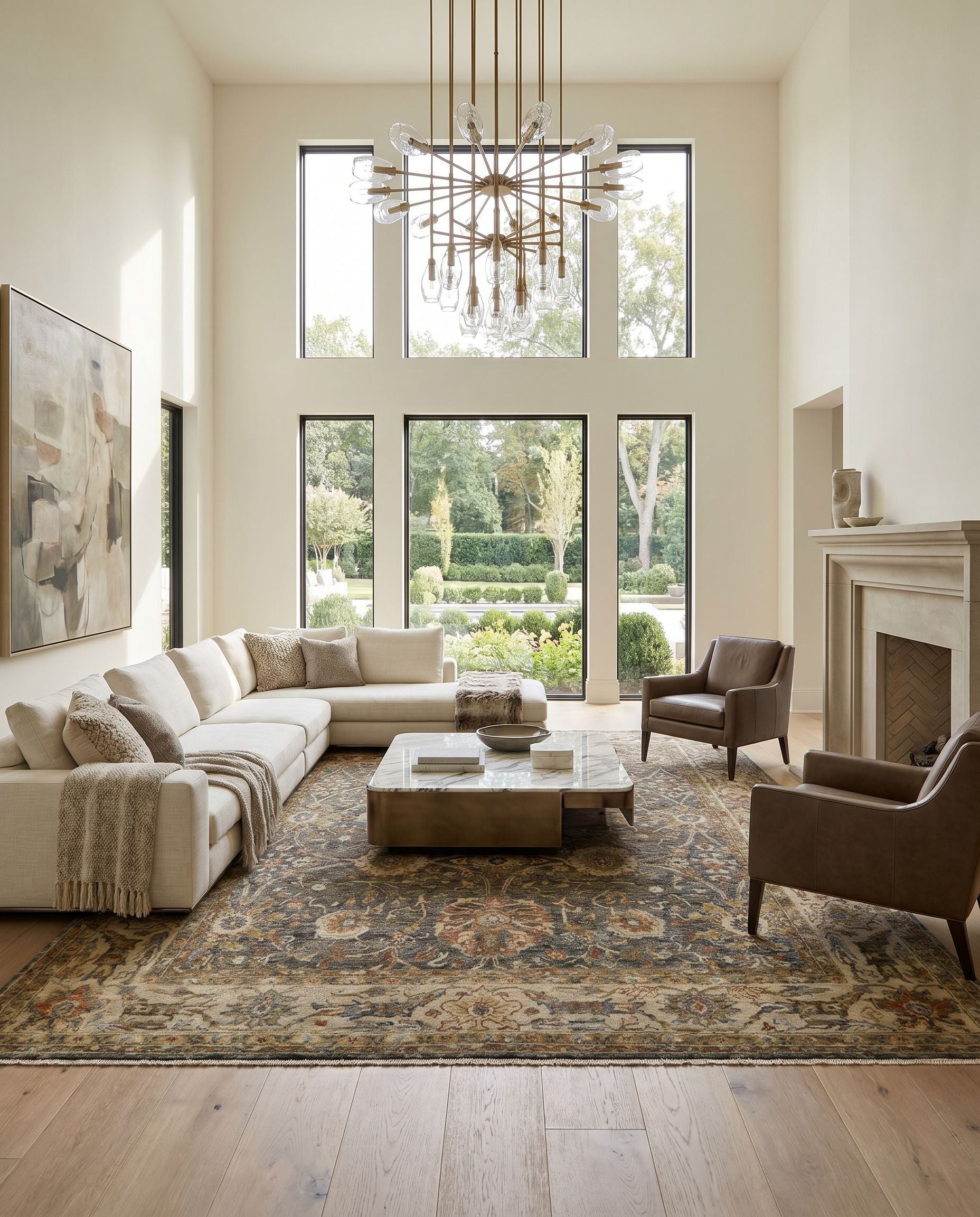 Anatolia ANY-2301 Hand Knotted Rug styled in an elegant designer living room — hand knotted traditional area rug in medium green, rust, olive and beige tones