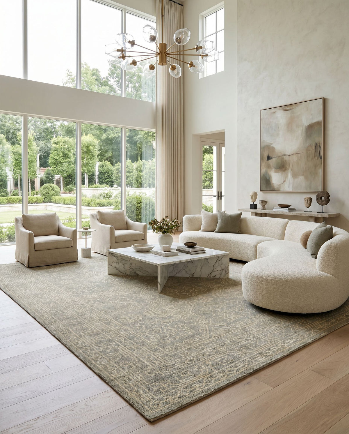 Haven HVN-1215 Hand Knotted Rug styled in an elegant designer living room — hand knotted traditional area rug in beige and cream tones