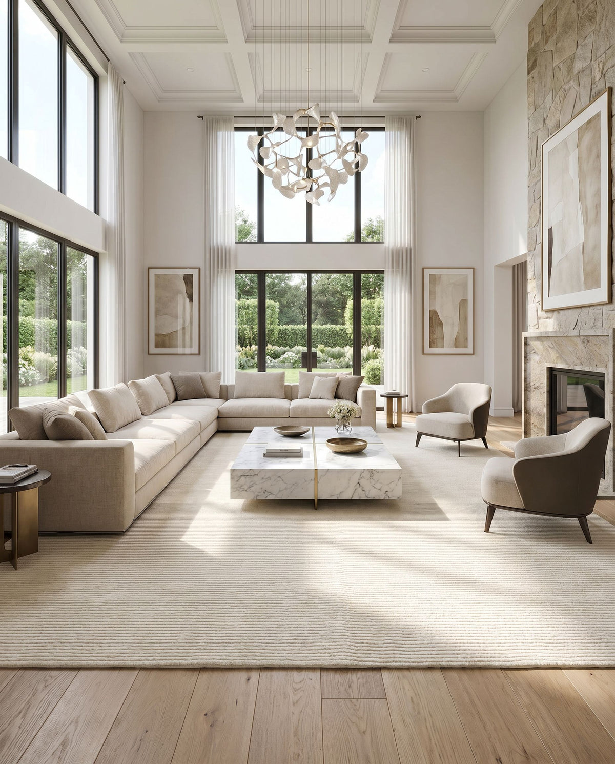 Capri CAP-2304 Hand Knotted Rug styled in an elegant designer living room — hand knotted cottage area rug in cream tones