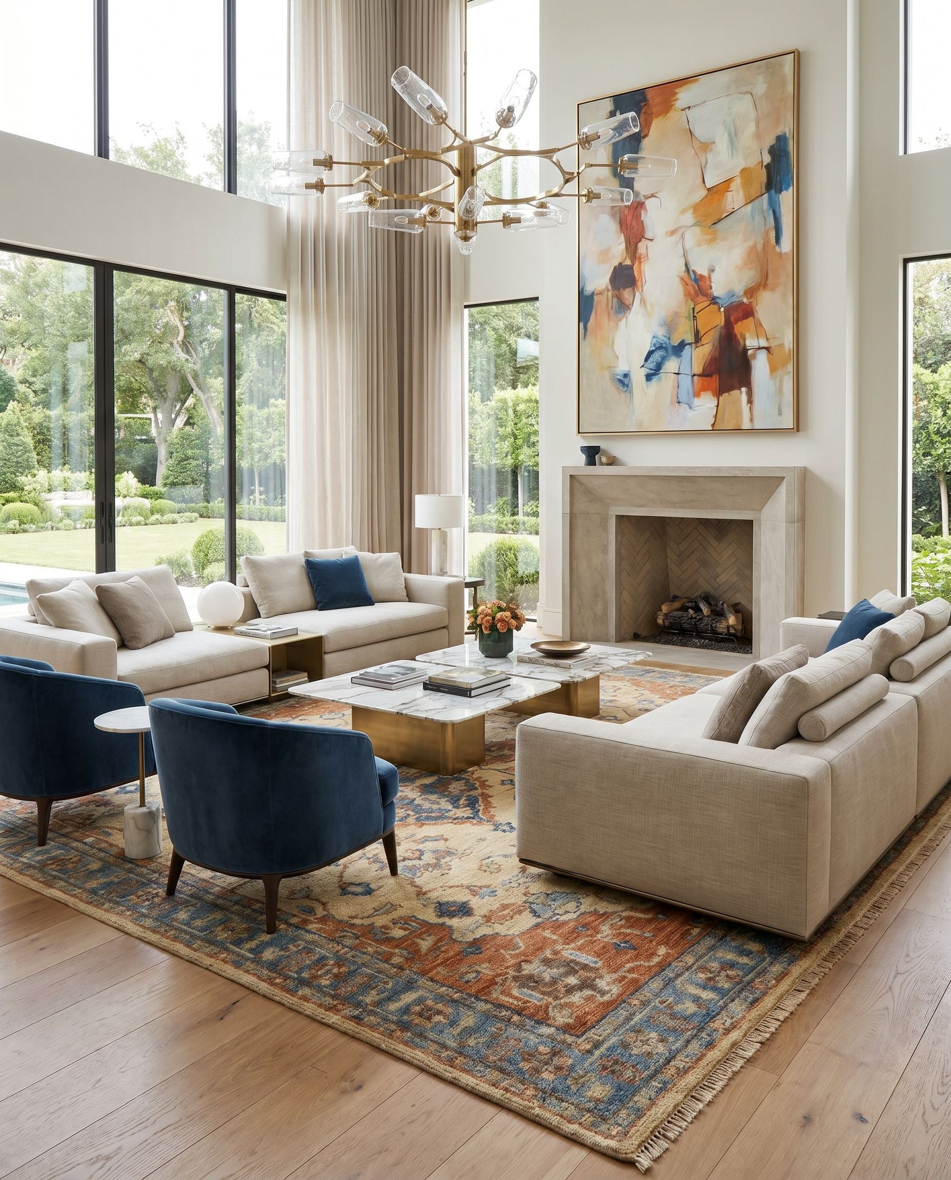 Biscayne BSY-2300 Hand Knotted Rug styled in an elegant designer living room — hand knotted traditional area rug in rust, aqua, ivory and grass green tones