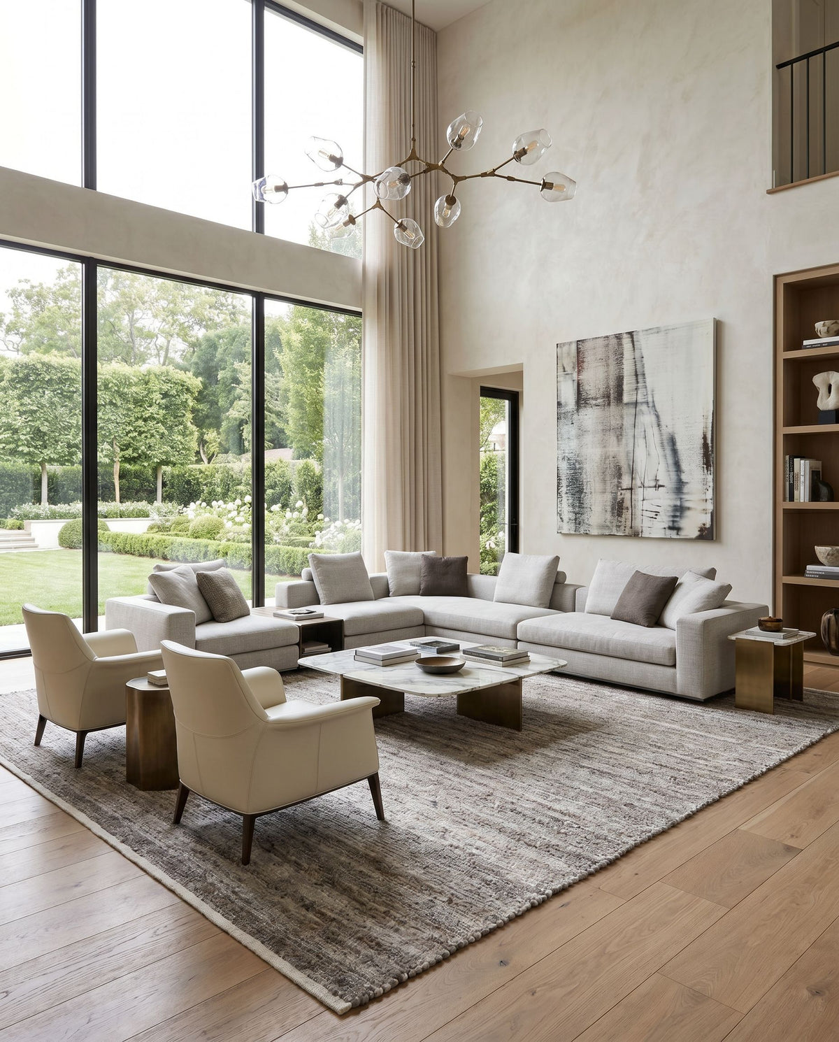 Florentina FLT-2300 Hand Woven Rug styled in an elegant designer living room — hand woven cottage area rug in gray, medium gray and light gray tones