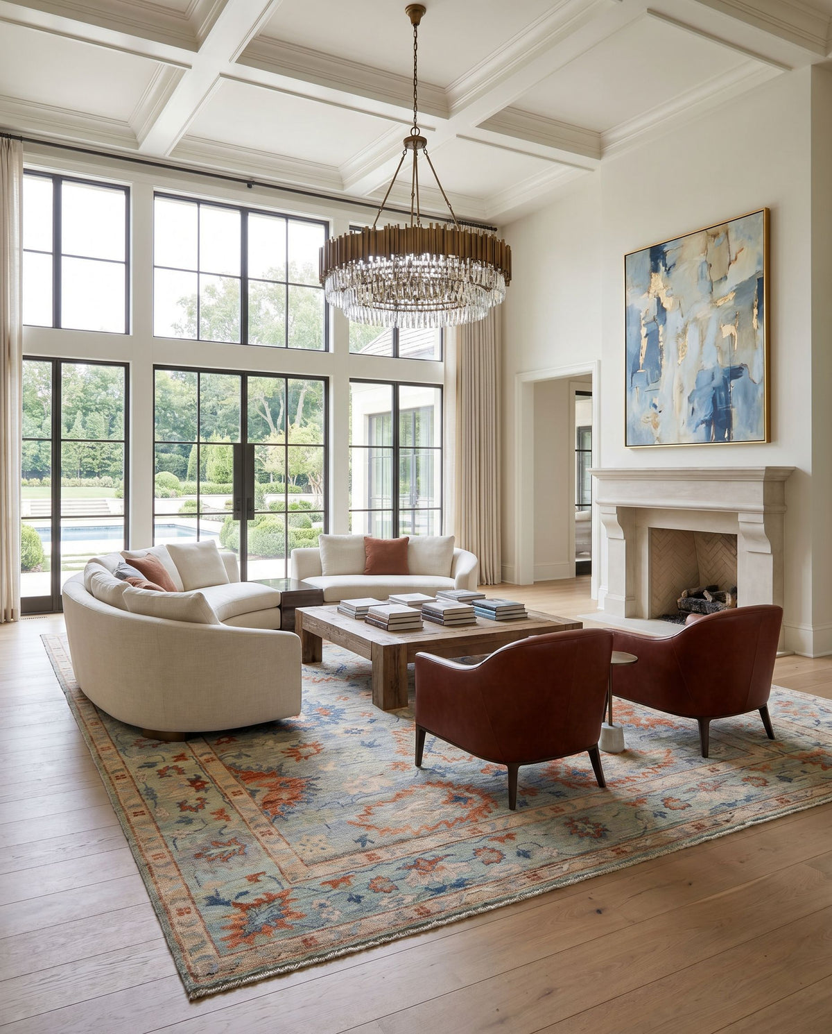 Ghazni GHZ-2305 Hand Knotted Rug styled in an elegant designer living room — hand knotted traditional area rug in denim, beige, light brown and dark blue tones