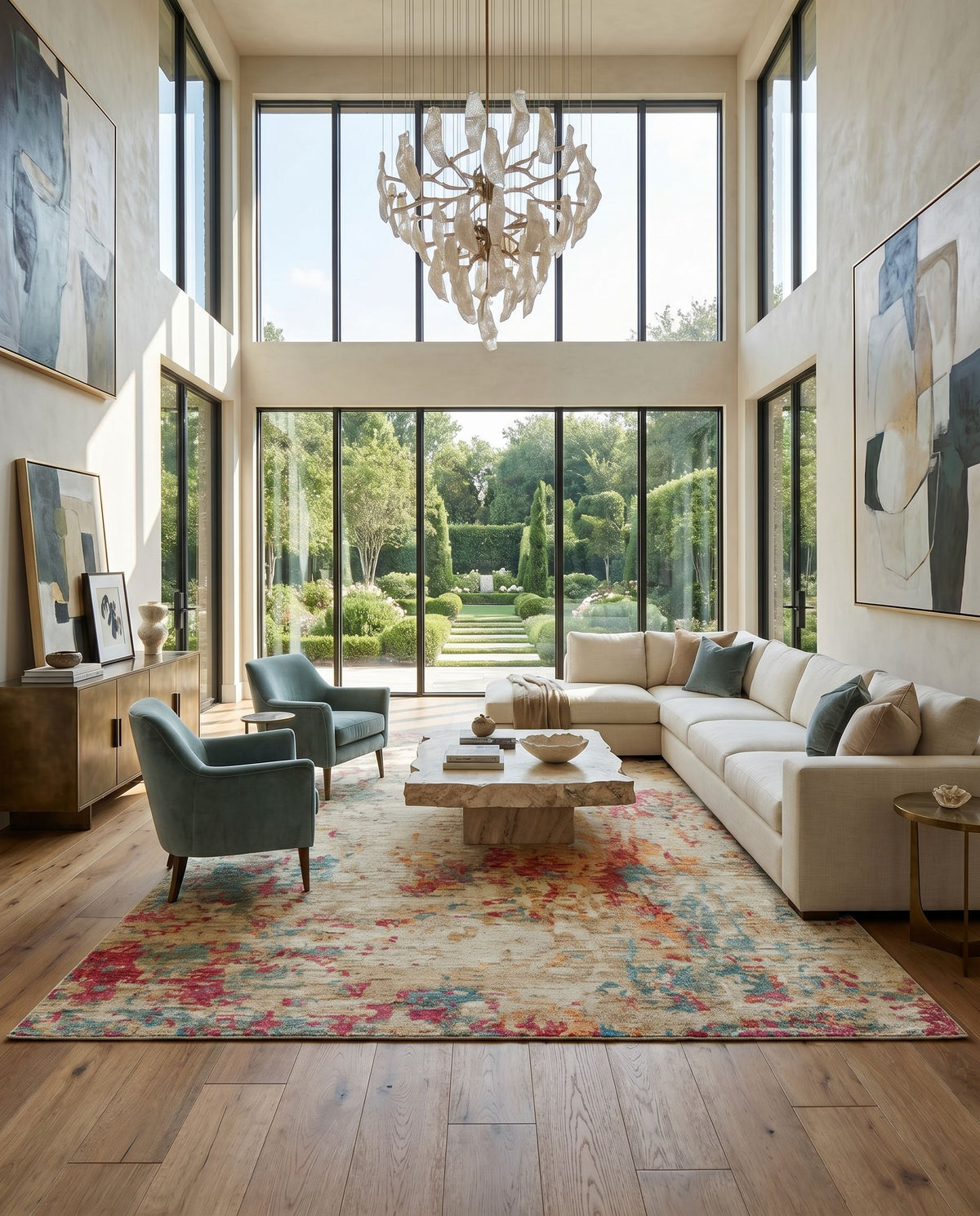 Odyssey ODY-2302 Hand Knotted Rug styled in an elegant designer living room — hand knotted modern area rug in olive, tan, teal and peach tones