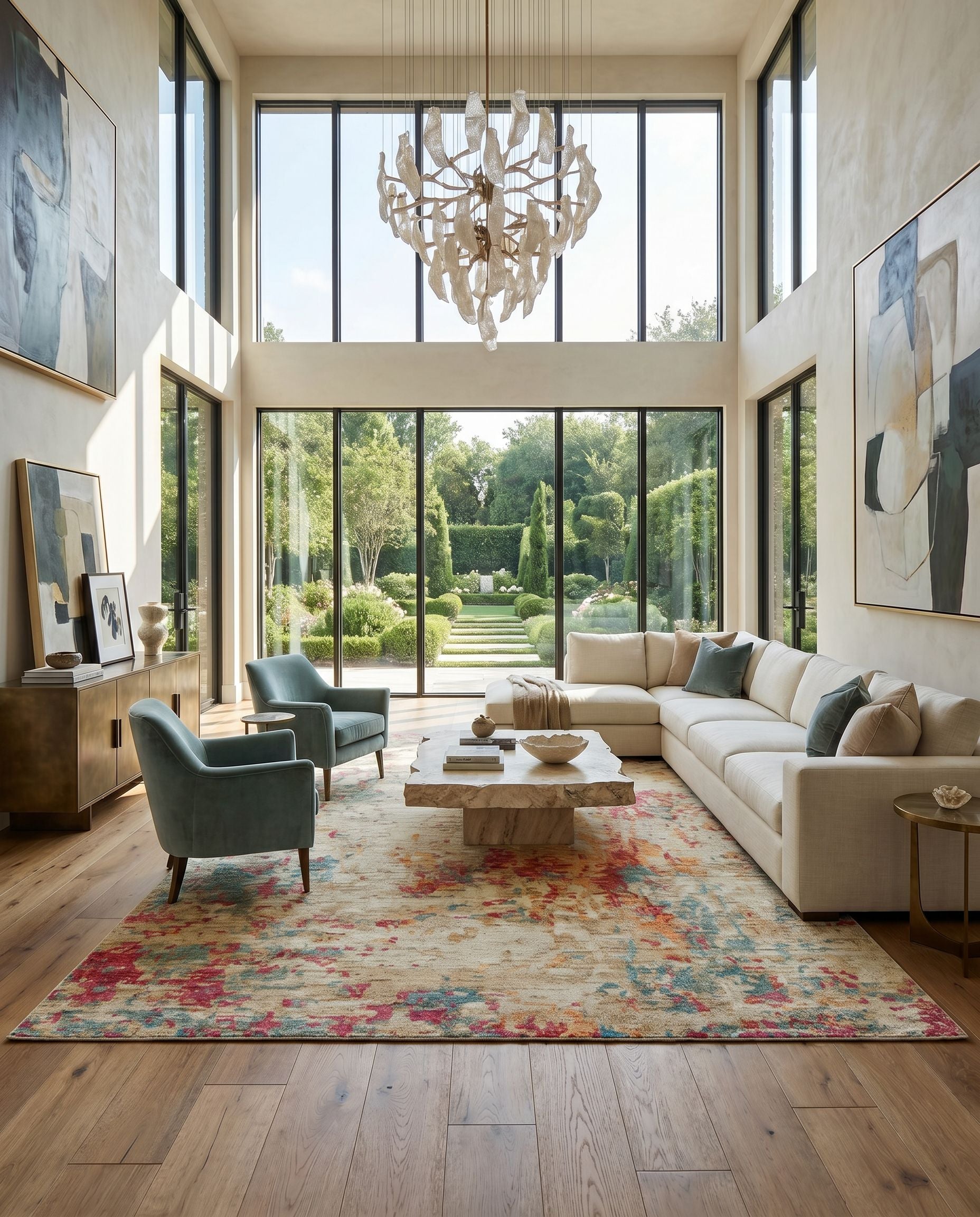 Odyssey ODY-2302 Hand Knotted Rug styled in an elegant designer living room — hand knotted modern area rug in olive, tan, teal and peach tones
