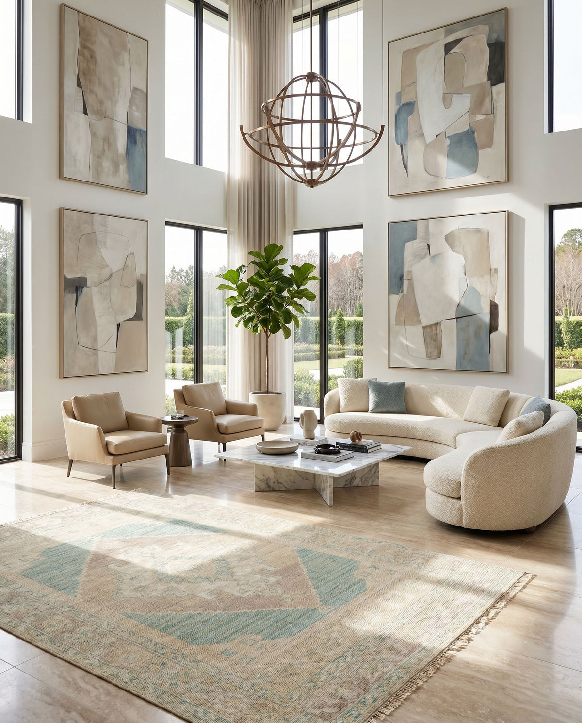 Anadolu AAU-2303 Hand Knotted Rug styled in an elegant designer living room — hand knotted traditional area rug in beige, seafoam, light sage and cream tones