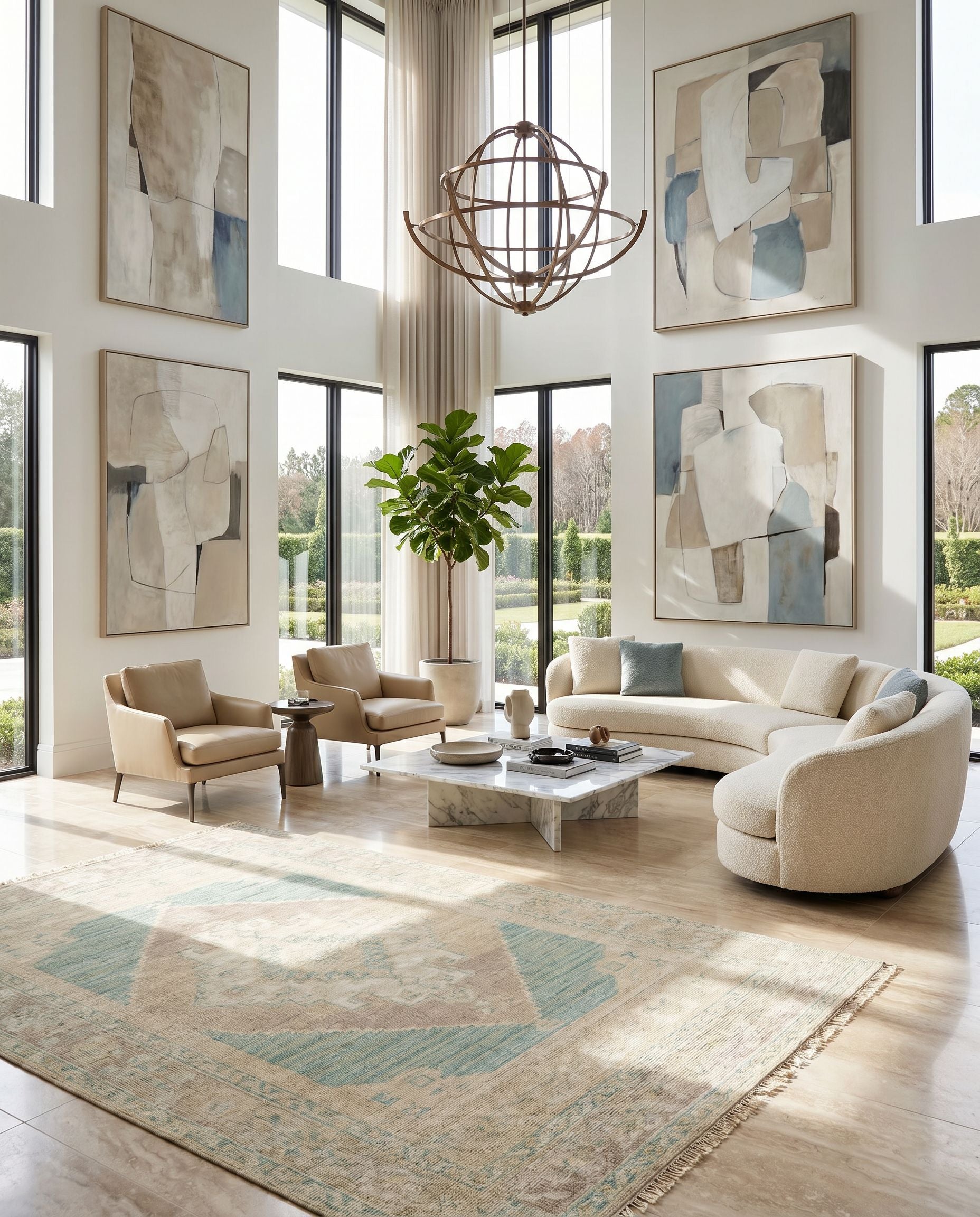 Anadolu AAU-2303 Hand Knotted Rug styled in an elegant designer living room — hand knotted traditional area rug in beige, seafoam, light sage and cream tones
