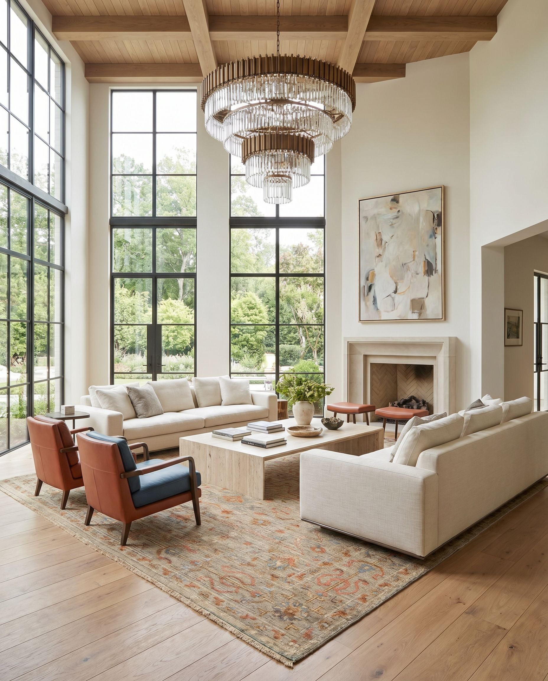 Reign REG-2321 Hand Knotted Rug styled in an elegant designer living room — hand knotted traditional area rug in dusty coral, light sage, ivory and brown tones