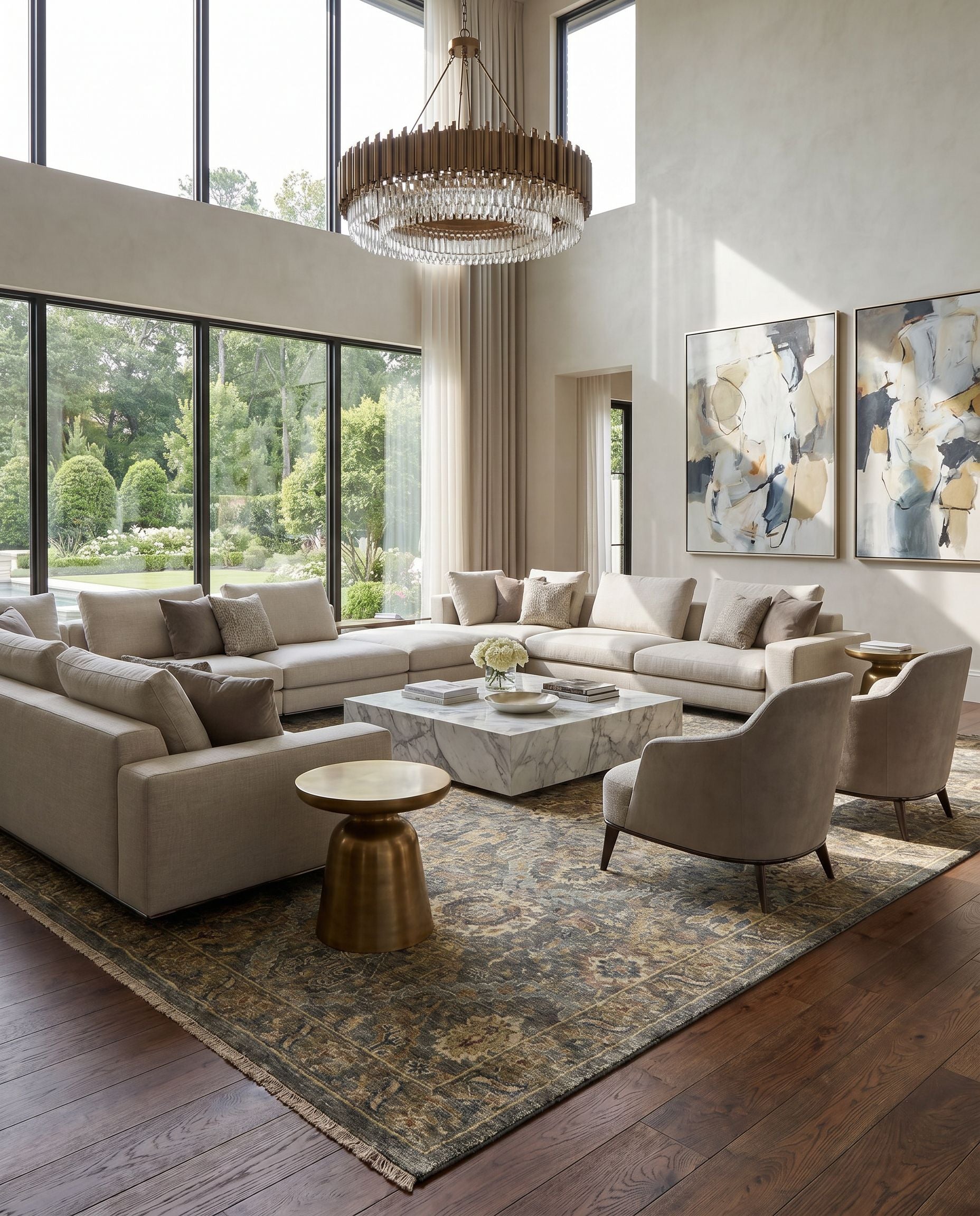 Anatolia ANY-2302 Hand Knotted Rug styled in an elegant designer living room — hand knotted traditional area rug in medium green, sage, mustard and brown tones