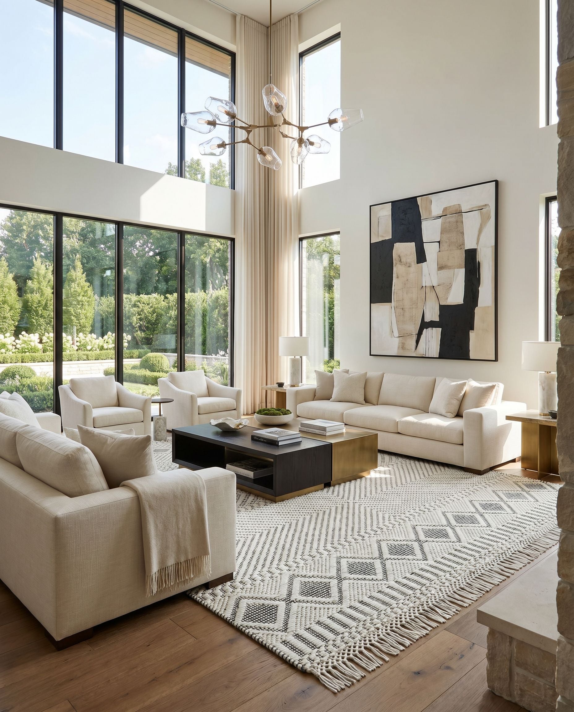 Saint Clair SIC-2300 Hand Woven Rug styled in an elegant designer living room — hand woven global area rug in black and cream tones