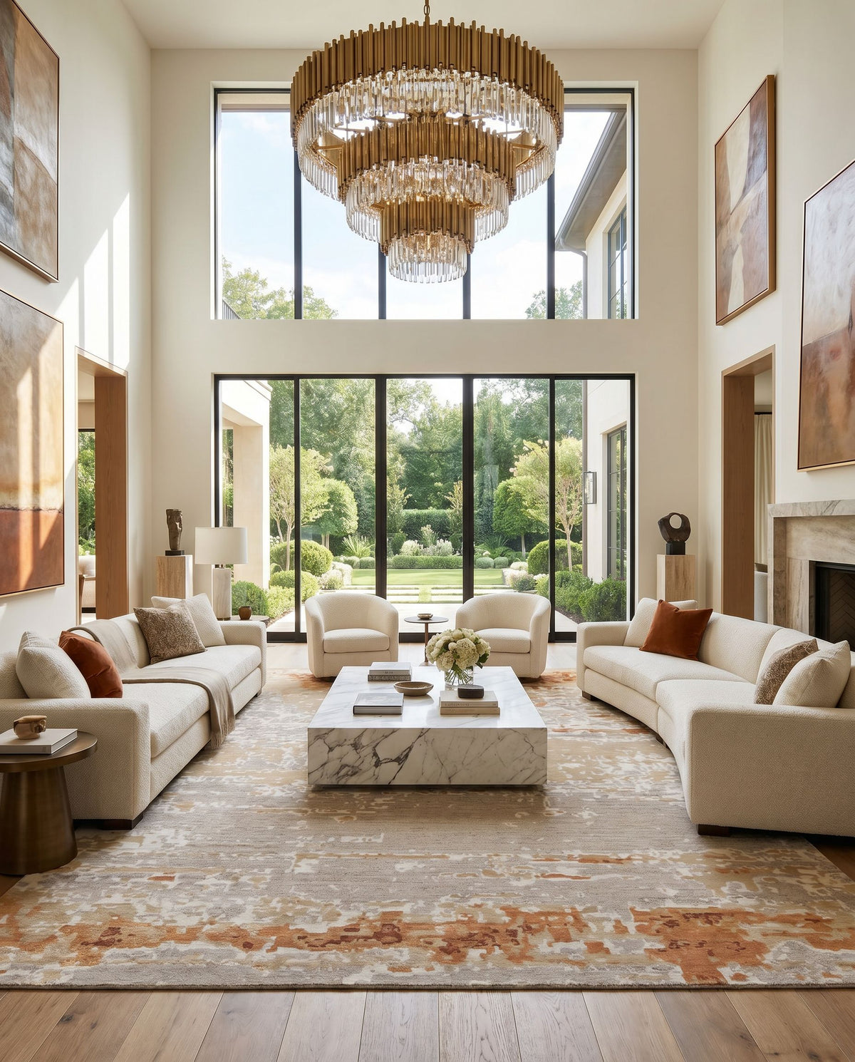 Ephemeral EPH-1001 Hand Knotted Rug styled in an elegant designer living room — hand knotted modern area rug in rust, camel, tan and light gray tones