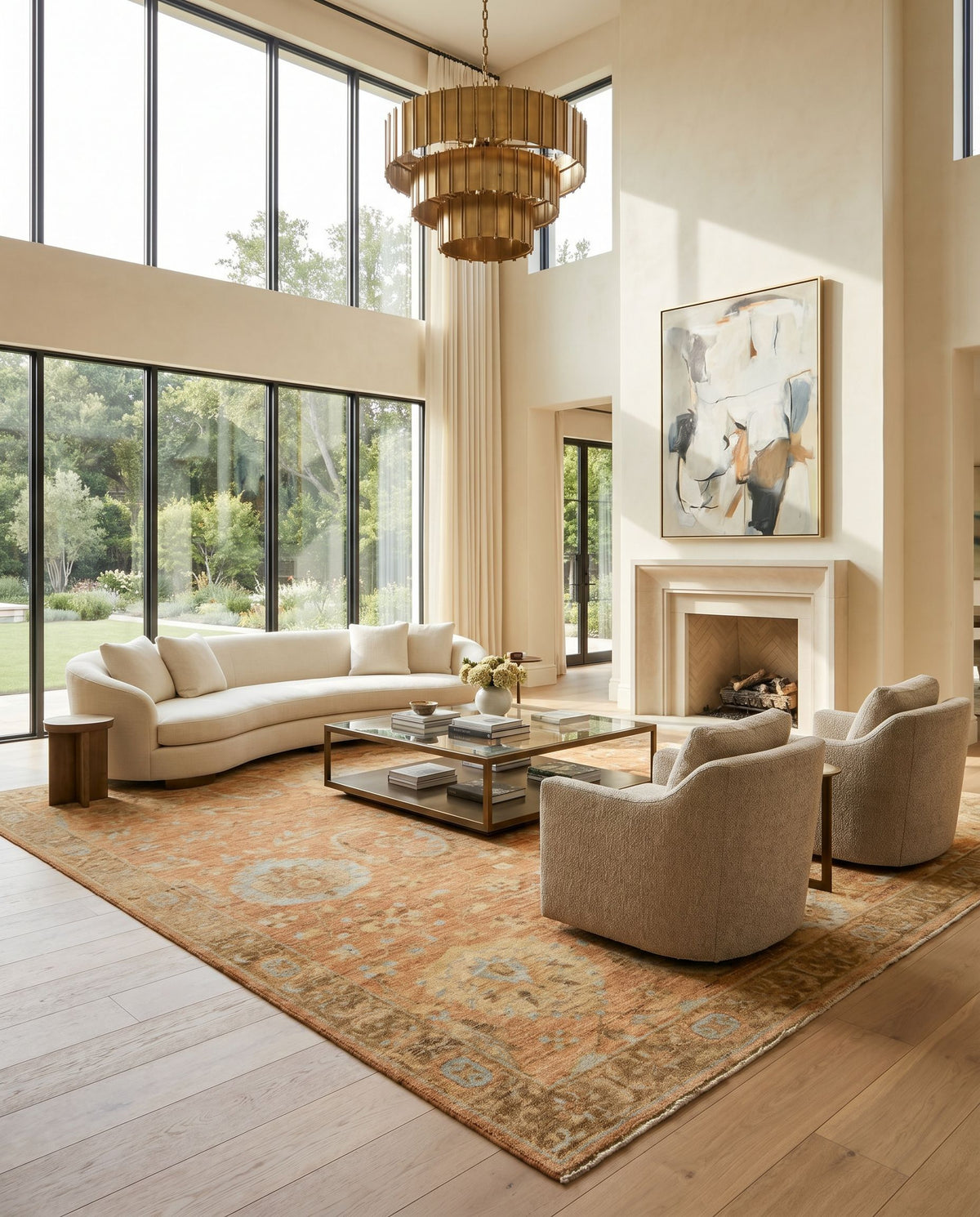 Ghazni GHZ-2300 Hand Knotted Rug styled in an elegant designer living room — hand knotted traditional area rug in burnt orange, light brown, mauve and tan tones
