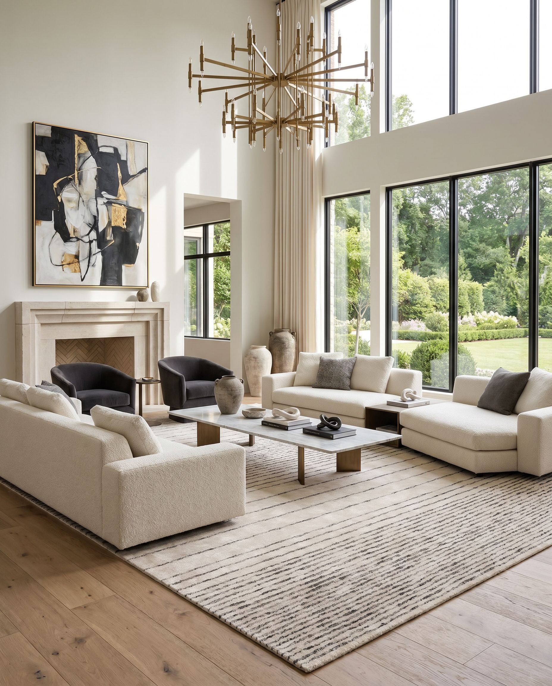 Falcon FLC-8004 Hand Tufted Rug styled in an elegant designer living room — hand tufted modern area rug in black, light beige and cream tones