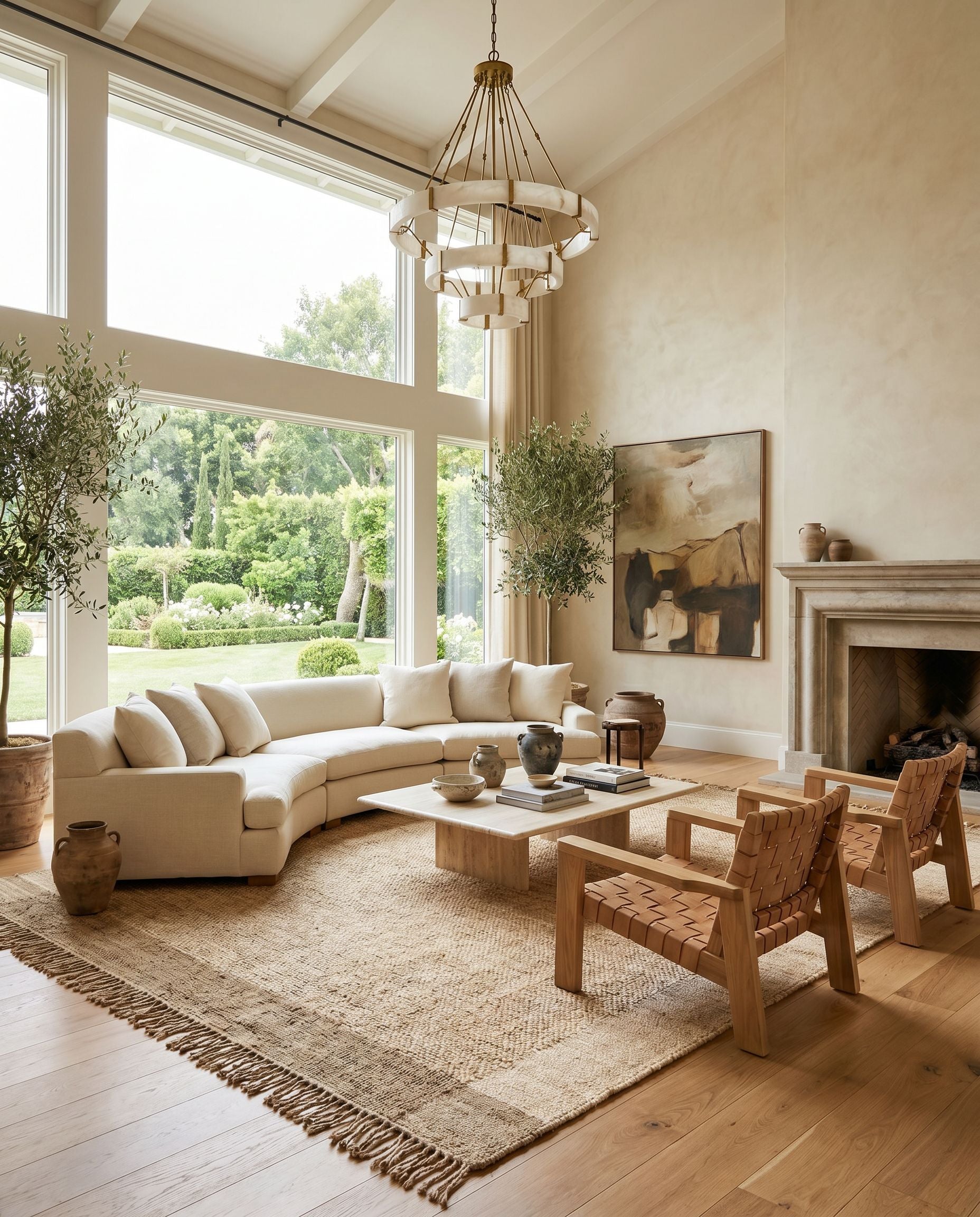 Jasmine JAM-2303 Hand Woven Rug styled in an elegant designer living room — hand woven cottage area rug in light brown and tan tones