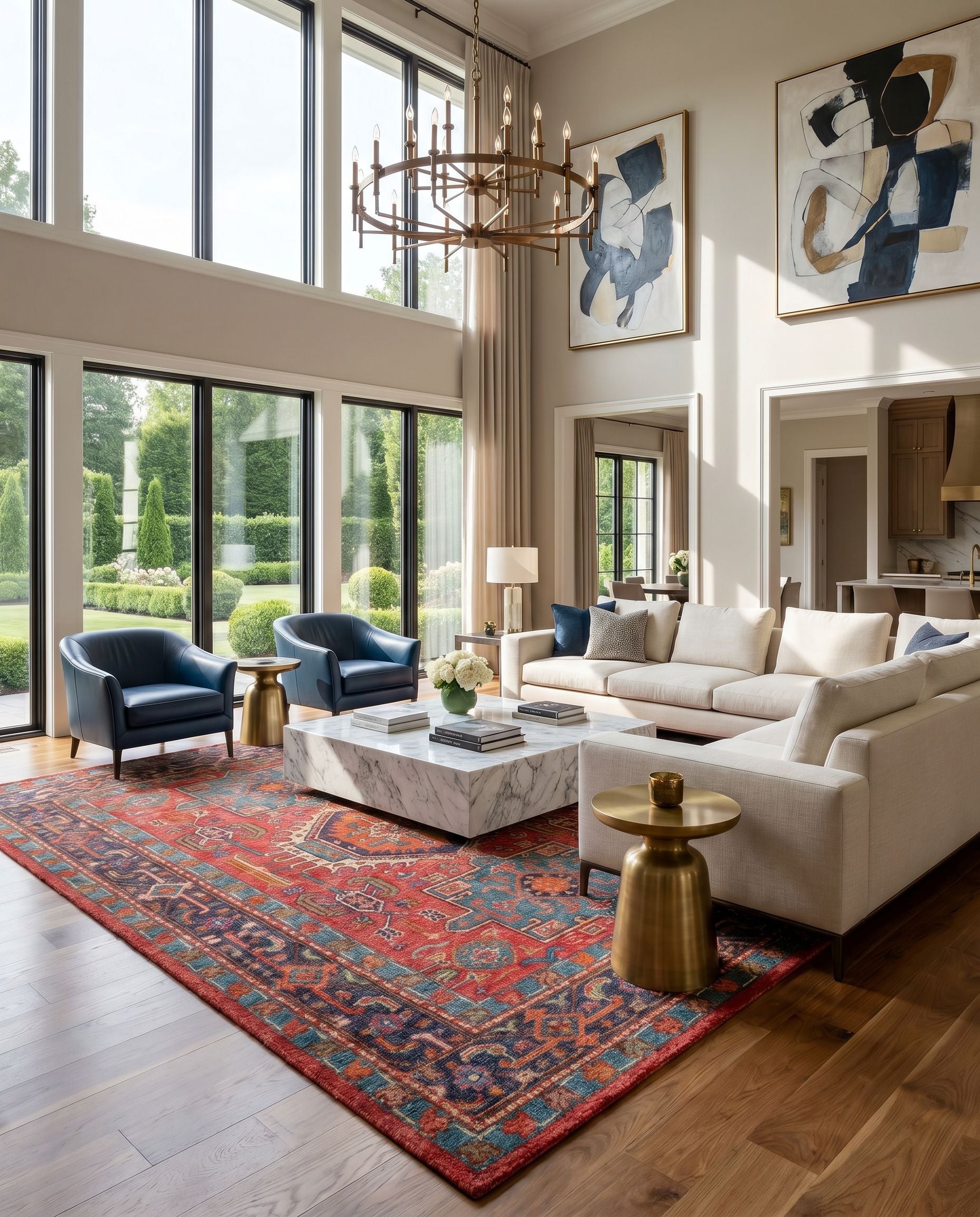 Kars KSA-2306 Hand Knotted Rug styled in an elegant designer living room — hand knotted traditional area rug in red, blue, grass green and coral tones