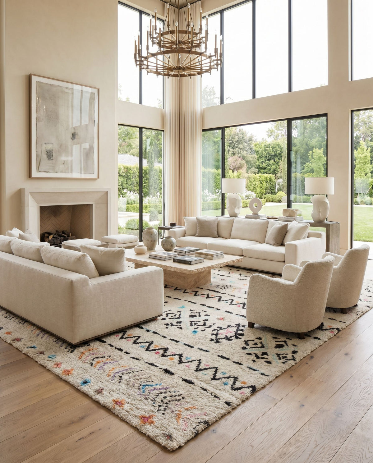 Riad RID-3003 Hand Knotted Rug styled in an elegant designer living room — hand knotted global area rug in ivory, black, pink and burnt orange tones