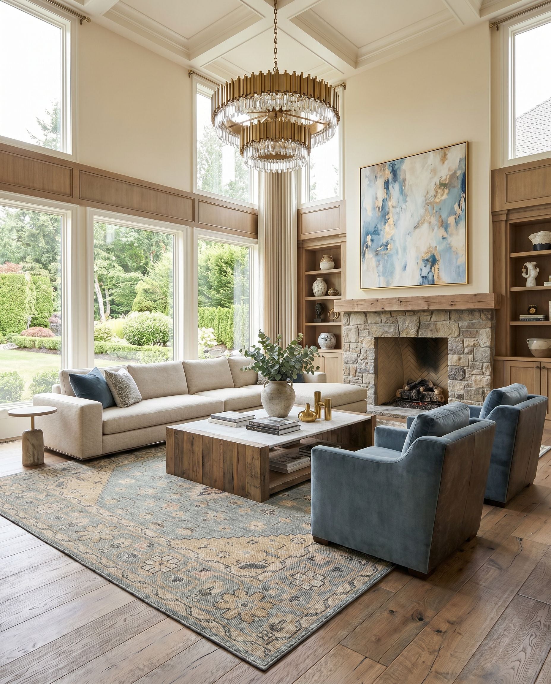 Zahra ZHA-2302 Hand Knotted Rug styled in an elegant designer living room — hand knotted traditional area rug in dusty sage, light sage, blush and light olive tones