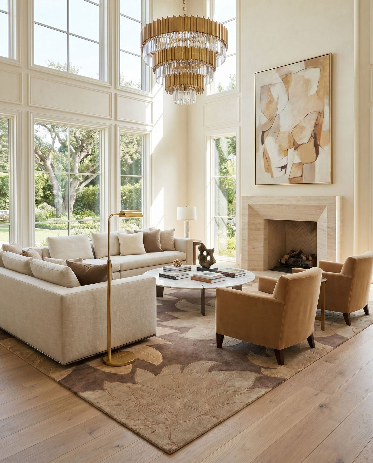 Mugal IN-8269 Hand Knotted Rug styled in an elegant designer living room — hand knotted modern area rug in multicolor tones