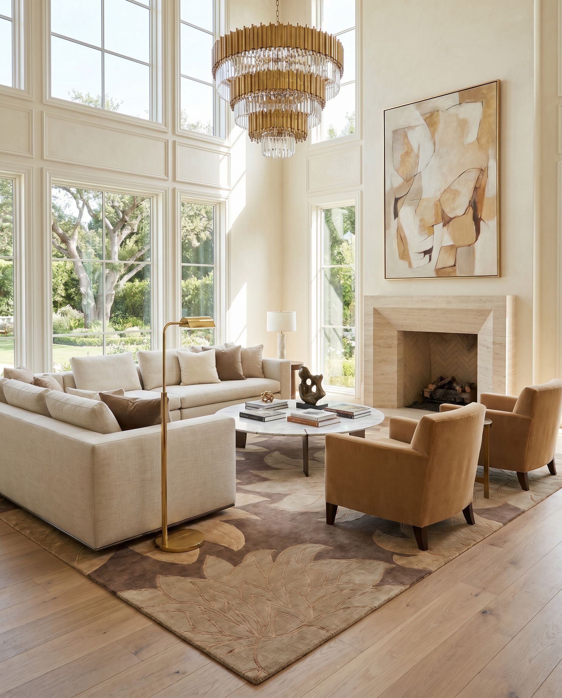 Mugal IN-8269 Hand Knotted Rug styled in an elegant designer living room — hand knotted modern area rug in multicolor tones