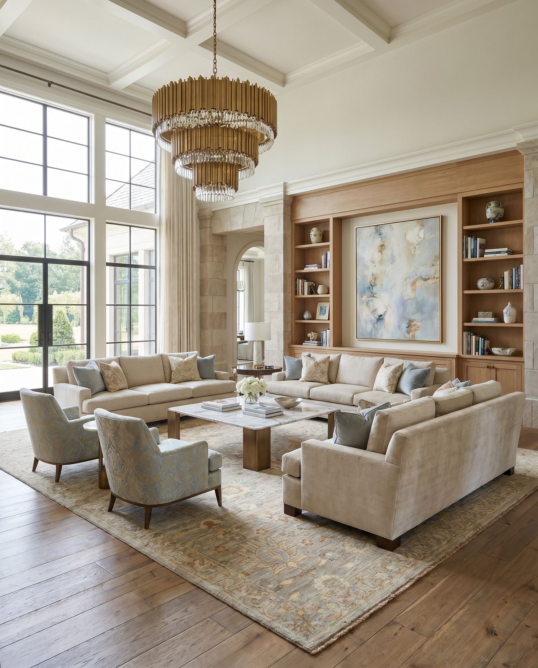 Ghazni GHZ-2302 Hand Knotted Rug styled in an elegant designer living room — hand knotted traditional area rug in tan, dark blue, light blue and gray tones