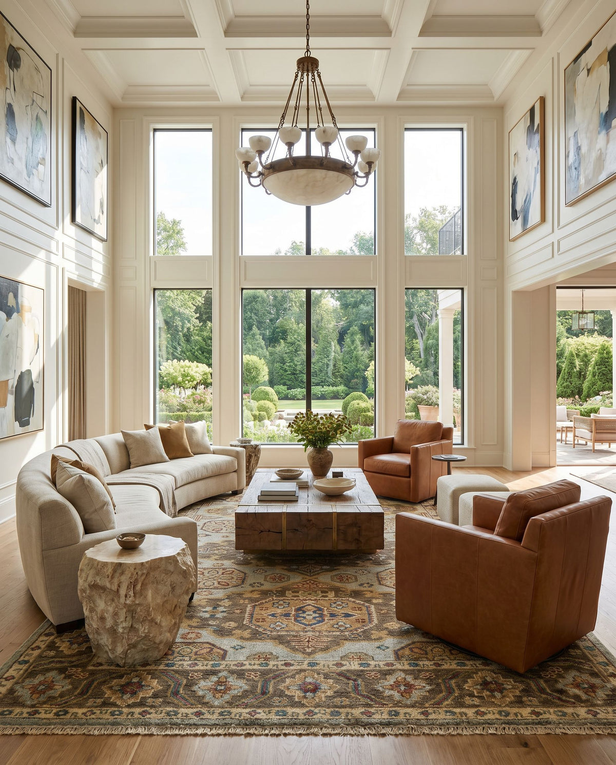 Biscayne BSY-2303 Hand Knotted Rug styled in an elegant designer living room — hand knotted traditional area rug in aqua, bright yellow, rust and ivory tones