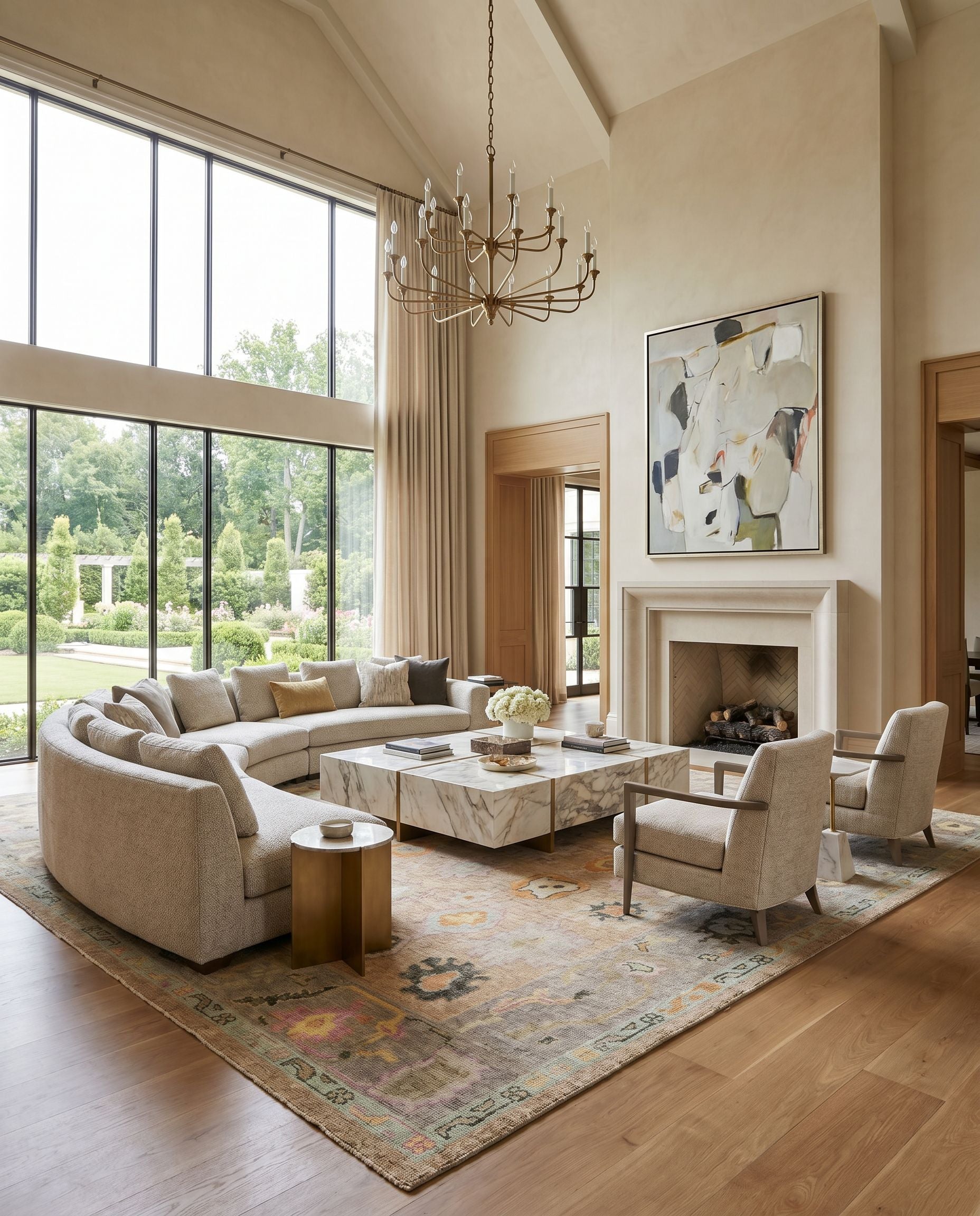 Kars KSA-2302 Hand Knotted Rug styled in an elegant designer living room — hand knotted traditional area rug in orange, bright yellow, pink and light olive tones