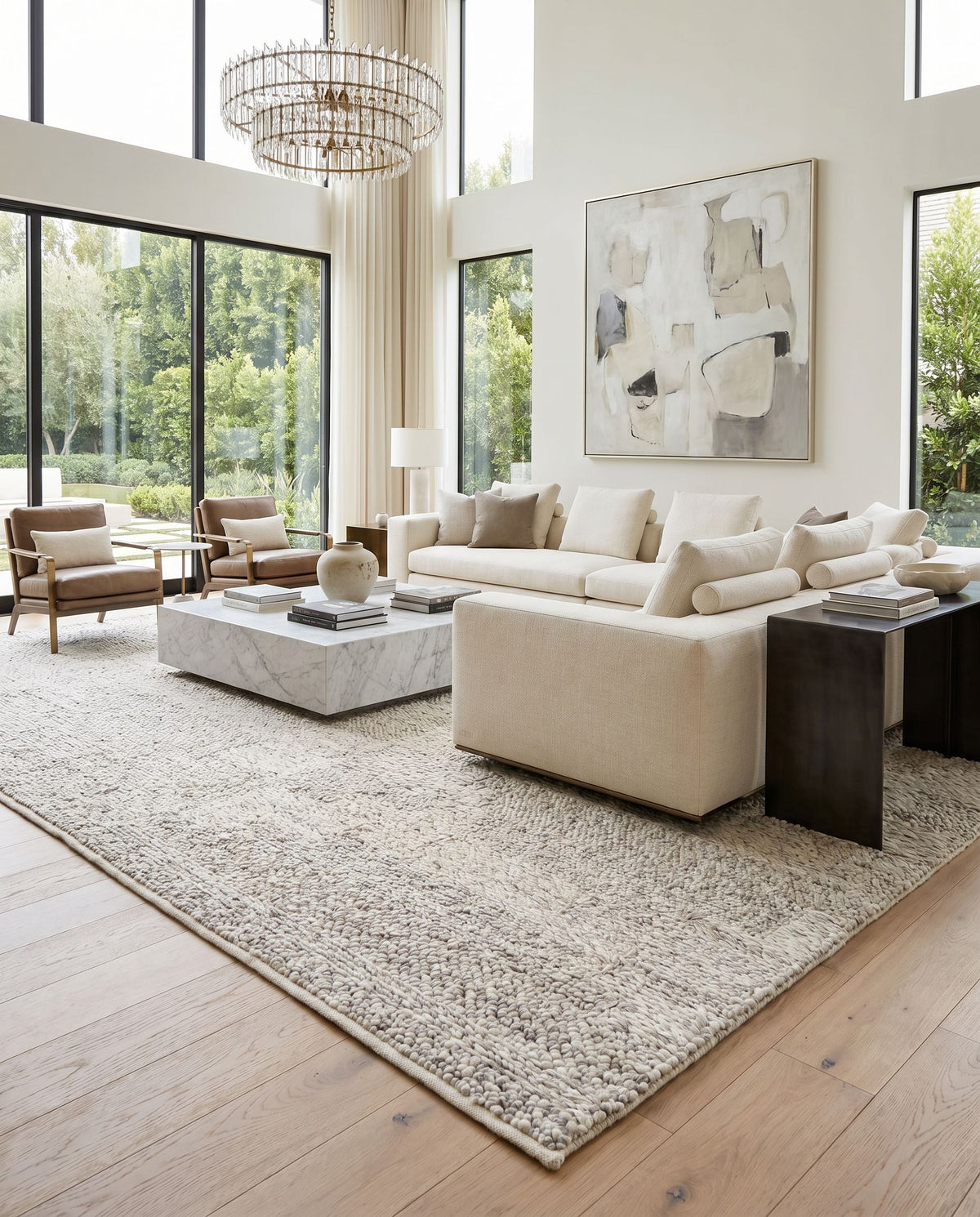 Vesta VST-2300 Hand Woven Rug styled in an elegant designer living room — hand woven modern area rug in light gray and dark brown tones