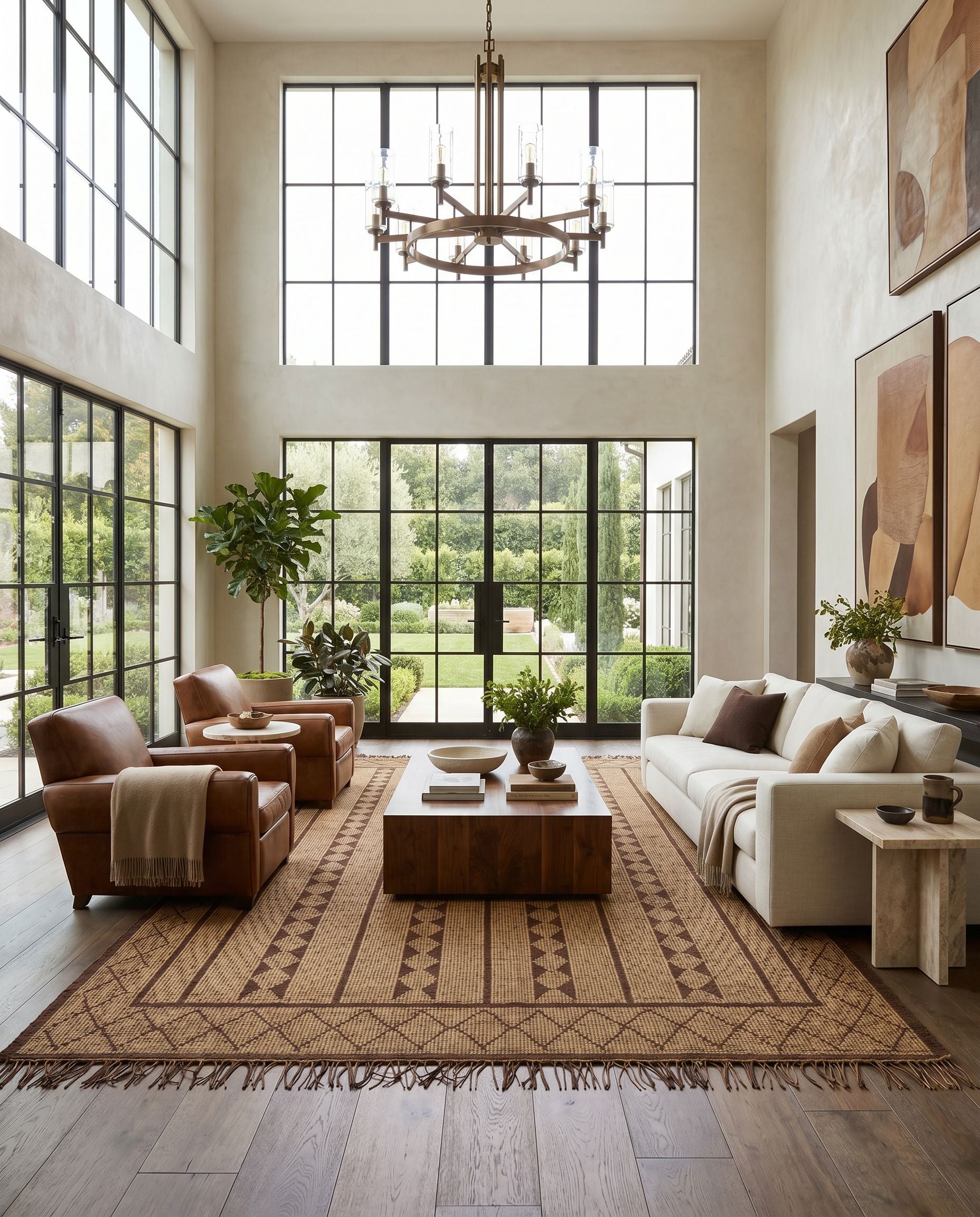 Touareg TOG-2300 Hand Woven Rug styled in an elegant designer living room — hand woven global area rug in tan, dark brown and charcoal tones