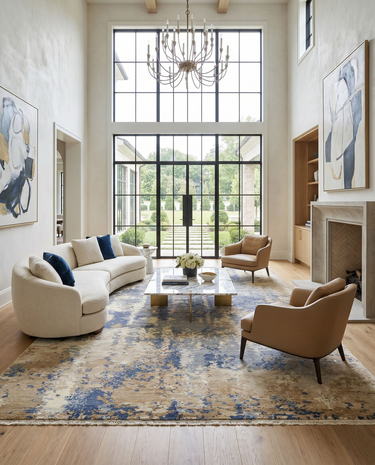 Emery EYM-2300 Hand Knotted Rug styled in an elegant designer living room — hand knotted modern area rug in gray, oatmeal, charcoal and beige tones