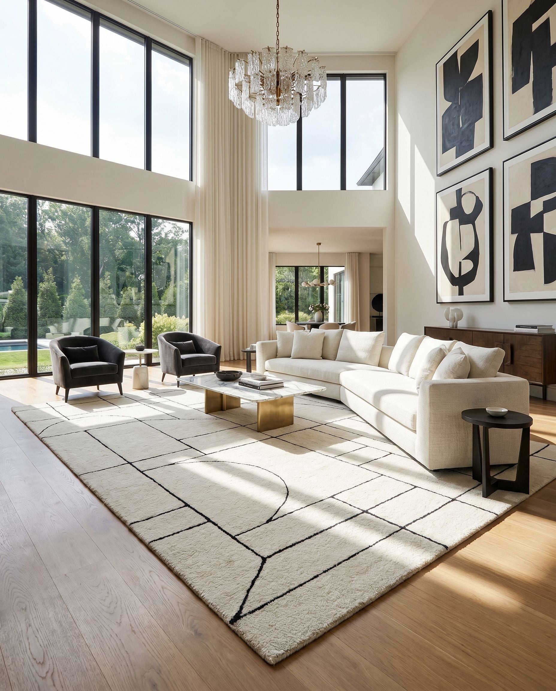 Portobello PBO-2302 Hand Tufted Rug styled in an elegant designer living room — hand tufted modern area rug in cream and black tones