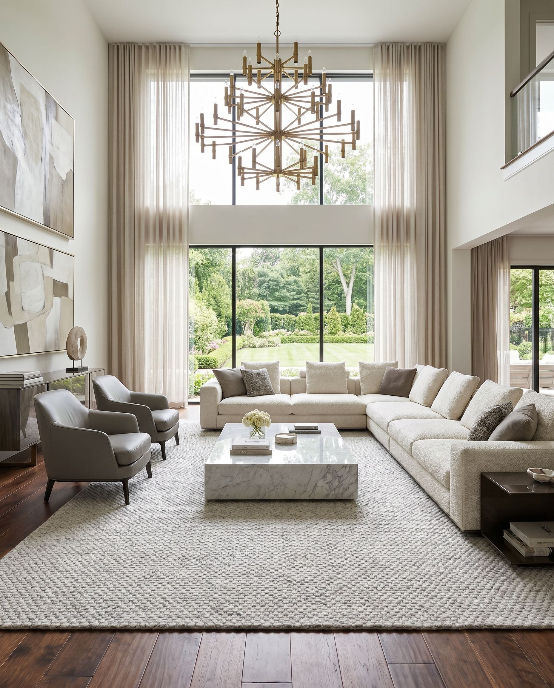 Empoli EPO-2311 Hand Woven Rug styled in an elegant designer living room — hand woven cottage area rug in ivory, dove gray and pearl tones