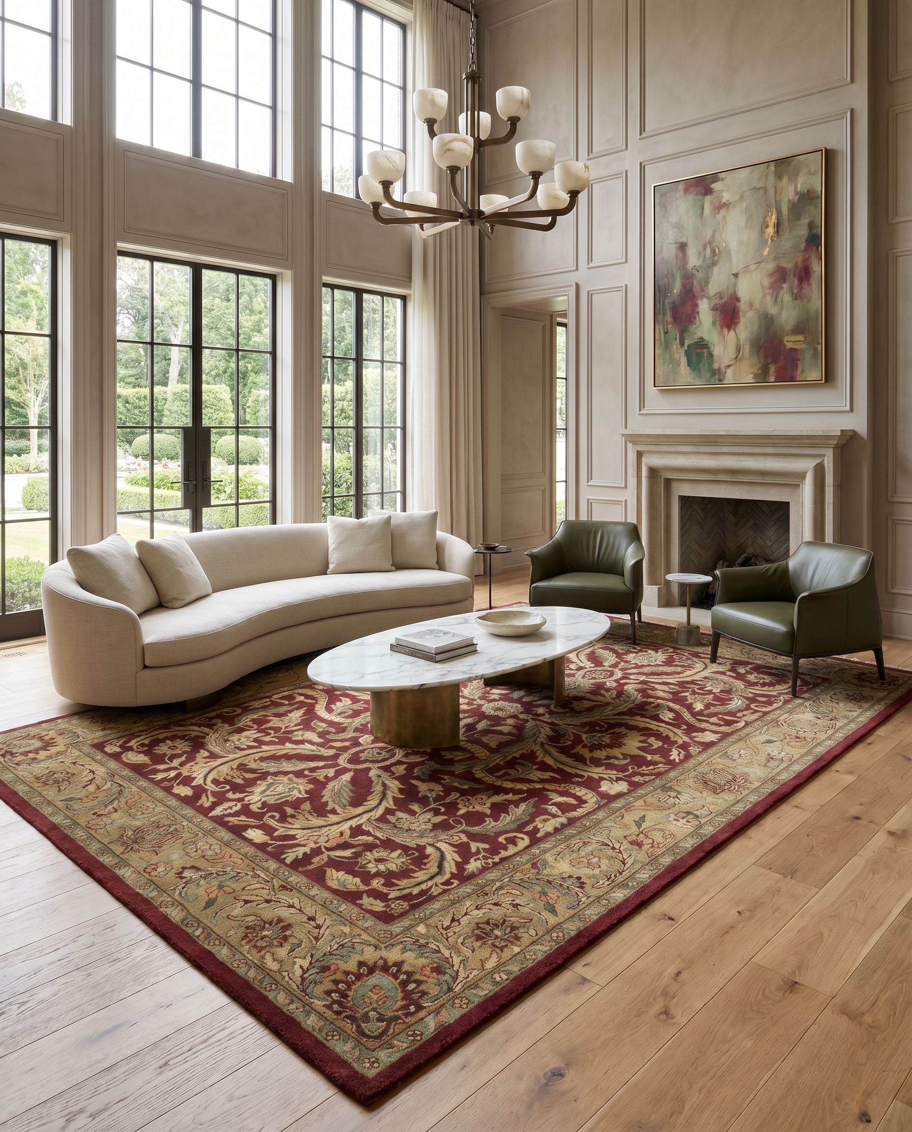 Taj Mahal TJ-59 Hand Knotted Rug styled in an elegant designer living room — hand knotted traditional area rug in multicolor tones