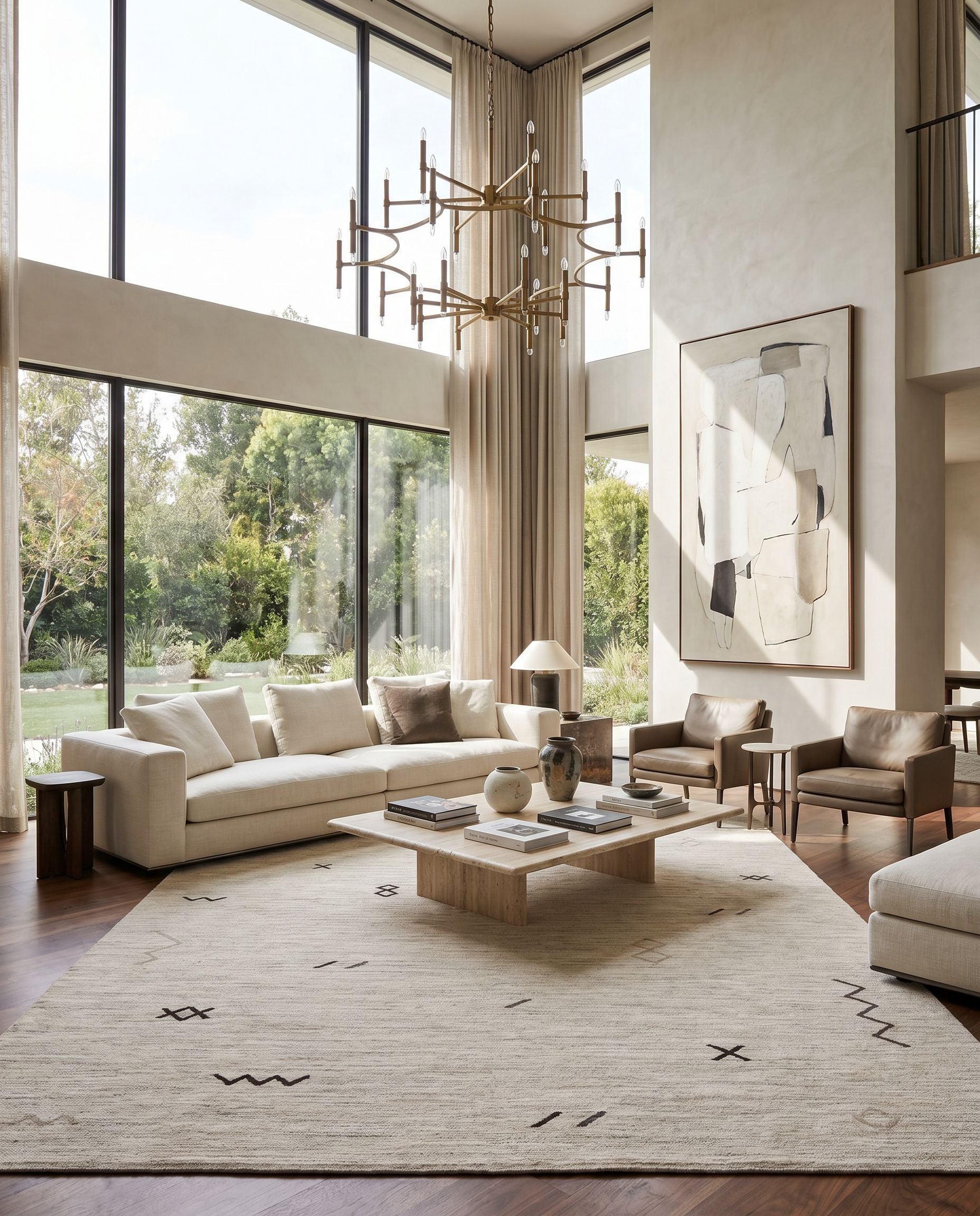 Montezuma MTZ-2005 Hand Woven Rug styled in an elegant designer living room — hand woven global area rug in light gray, light brown and black tones