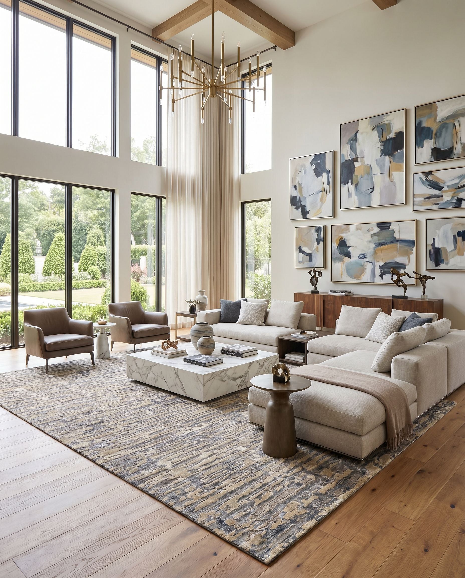 Seda SSD-2302 Hand Knotted Rug styled in an elegant designer living room — hand knotted modern area rug in black, medium gray, taupe and light beige tones