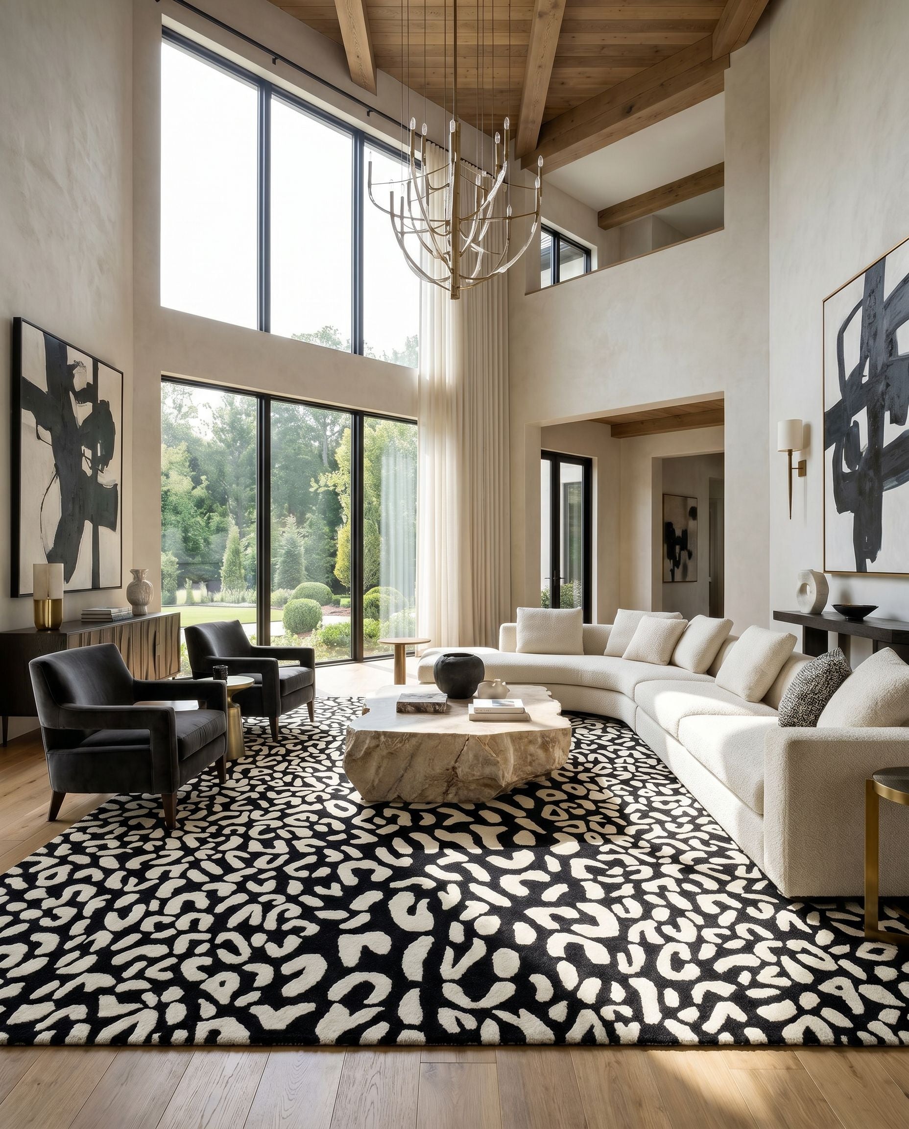 Athena ATH-5169 Hand Tufted Rug styled in an elegant designer living room — hand tufted modern area rug in black and cream tones