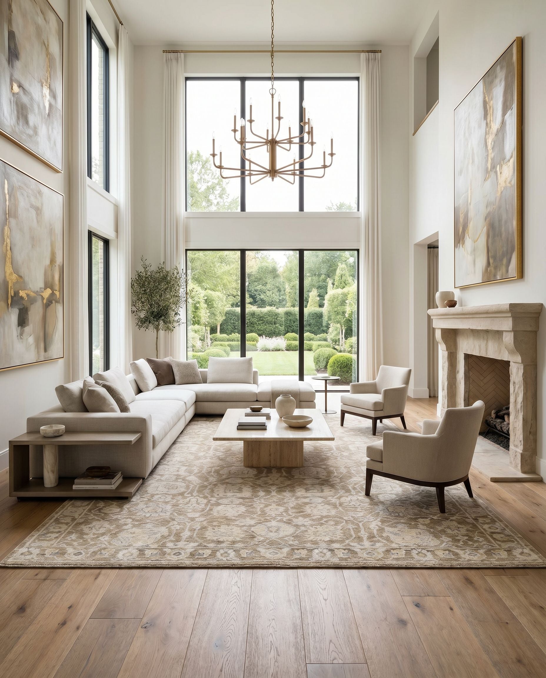 Royal RYL-2303 Hand Knotted Rug styled in an elegant designer living room — hand knotted traditional area rug in taupe, light beige, gray and slate tones
