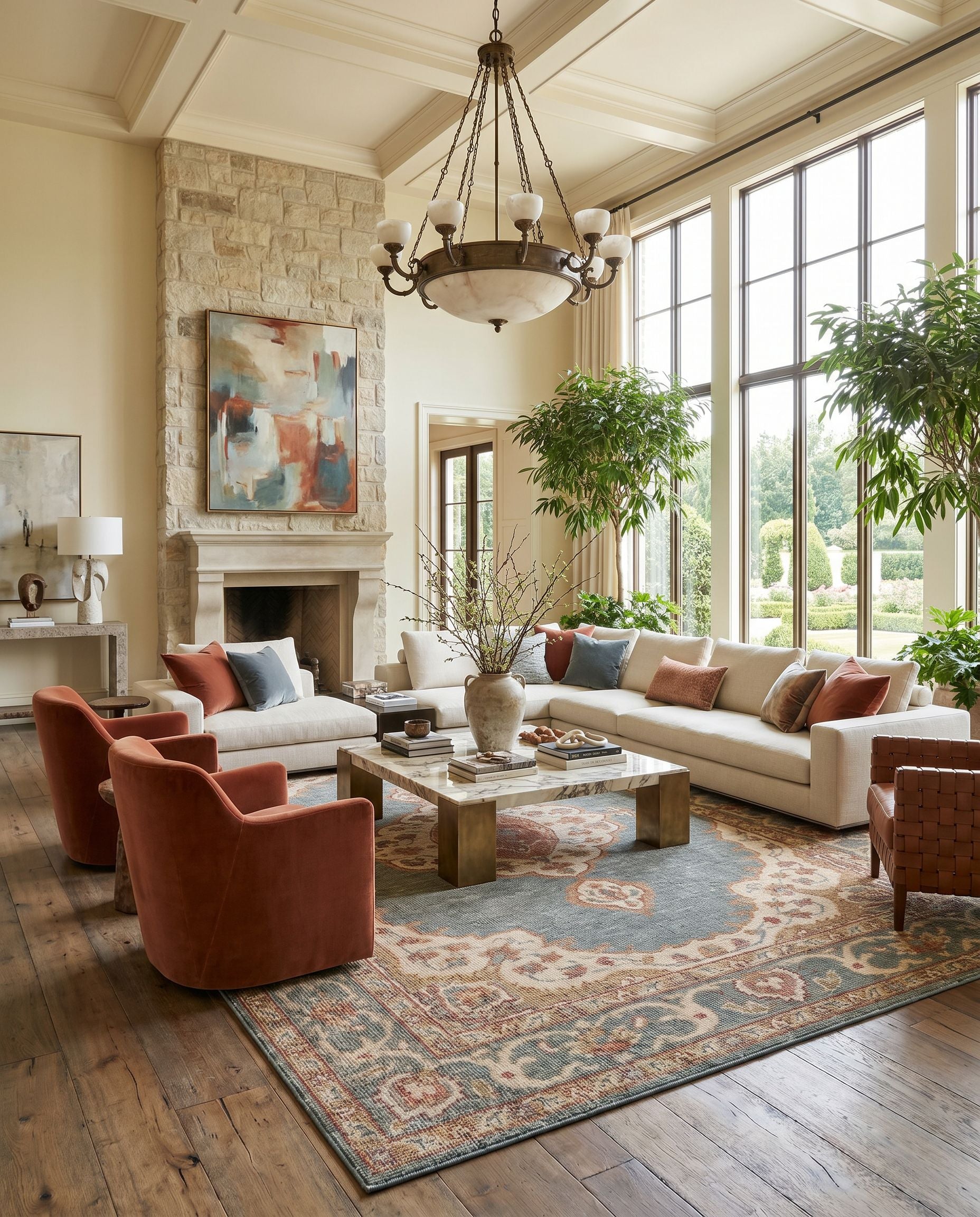 Zahra ZHA-2301 Hand Knotted Rug styled in an elegant designer living room — hand knotted traditional area rug in dusty sage, olive, rust and burnt orange tones