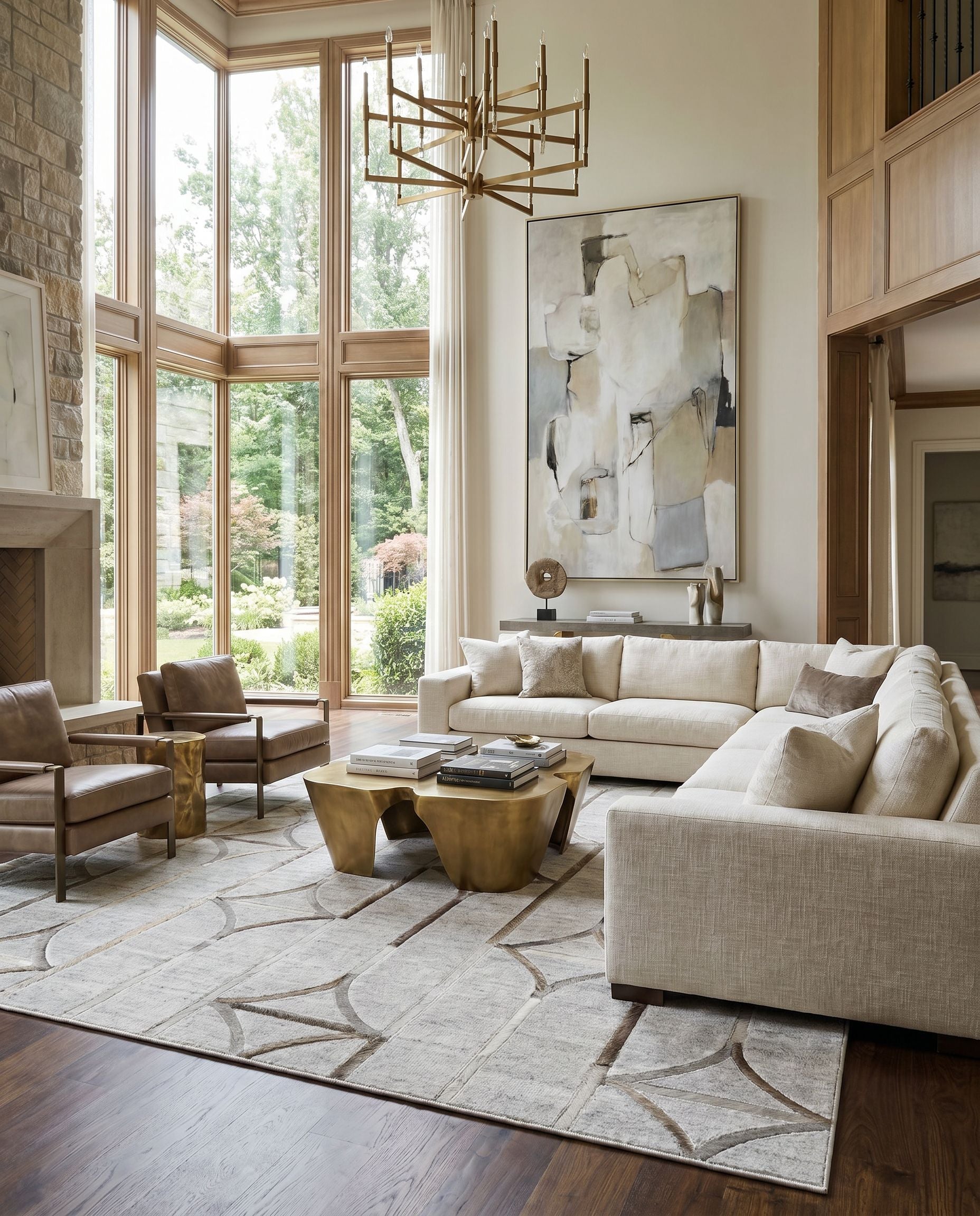 Eloquent ELQ-2304 Hand Crafted Rug styled in an elegant designer living room — hand crafted modern area rug in light gray, oatmeal, medium brown and dark brown tones