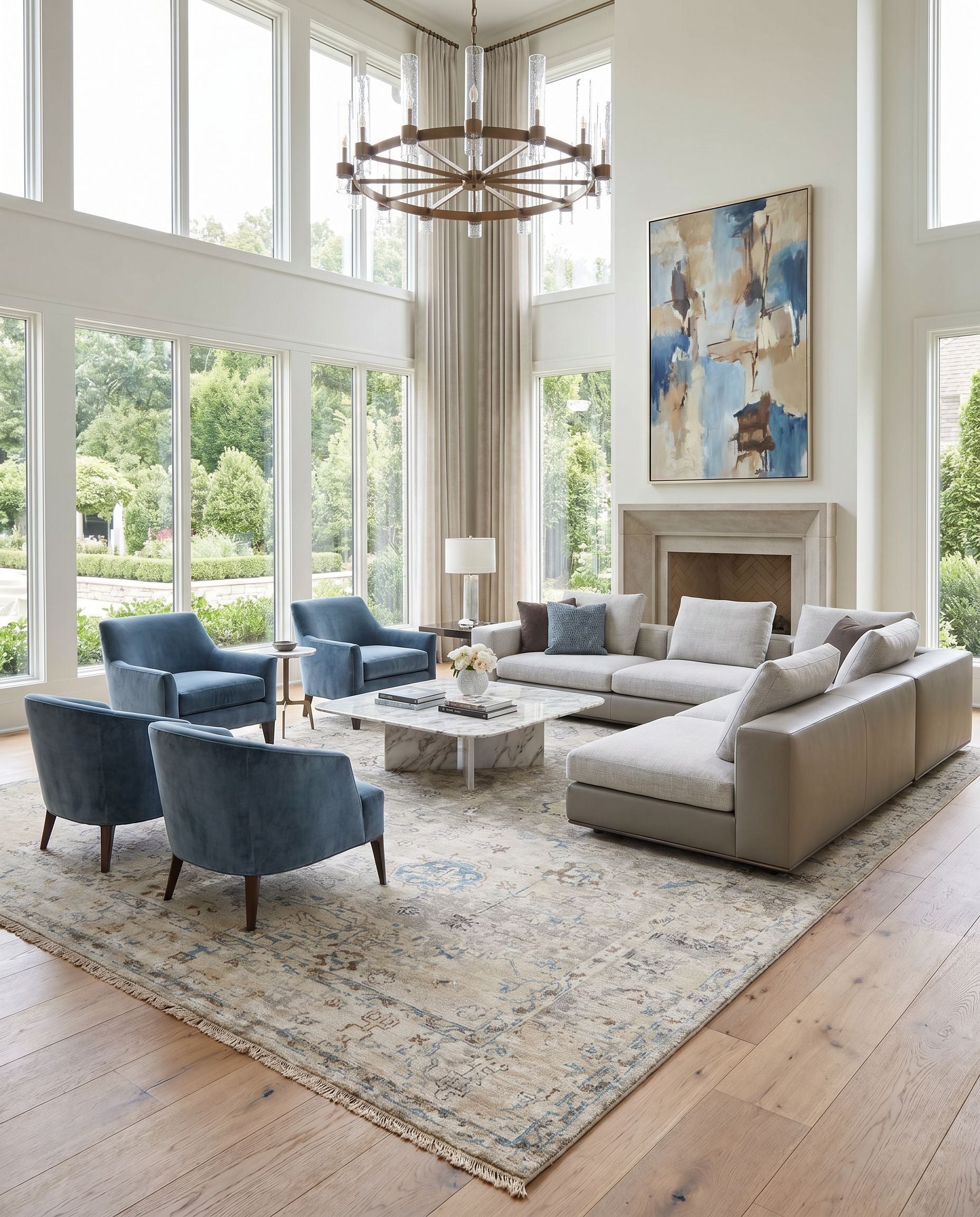 Theodora THO-3008 Hand Knotted Rug styled in an elegant designer living room — hand knotted traditional area rug in denim, sky blue, brown and charcoal tones