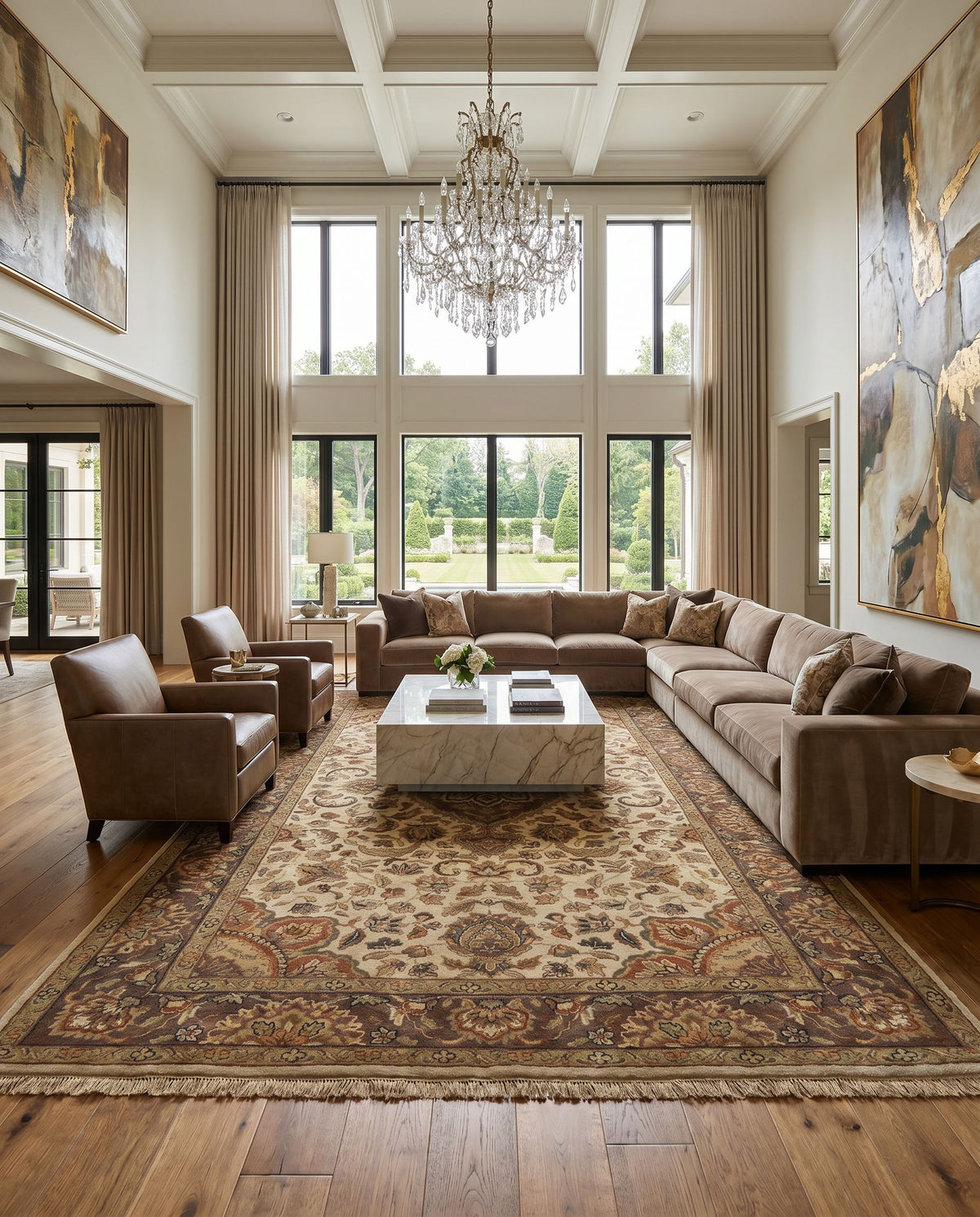 Taj Mahal TJ-1142 Hand Knotted Rug styled in an elegant designer living room — hand knotted traditional area rug in multicolor tones
