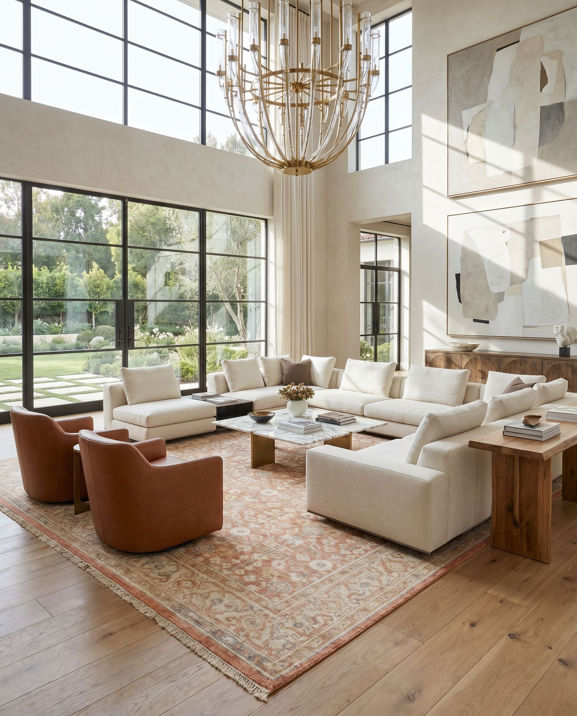 Hamadan HAM-2301 Hand Knotted Rug styled in an elegant designer living room — hand knotted traditional area rug in brown, light beige and slate tones