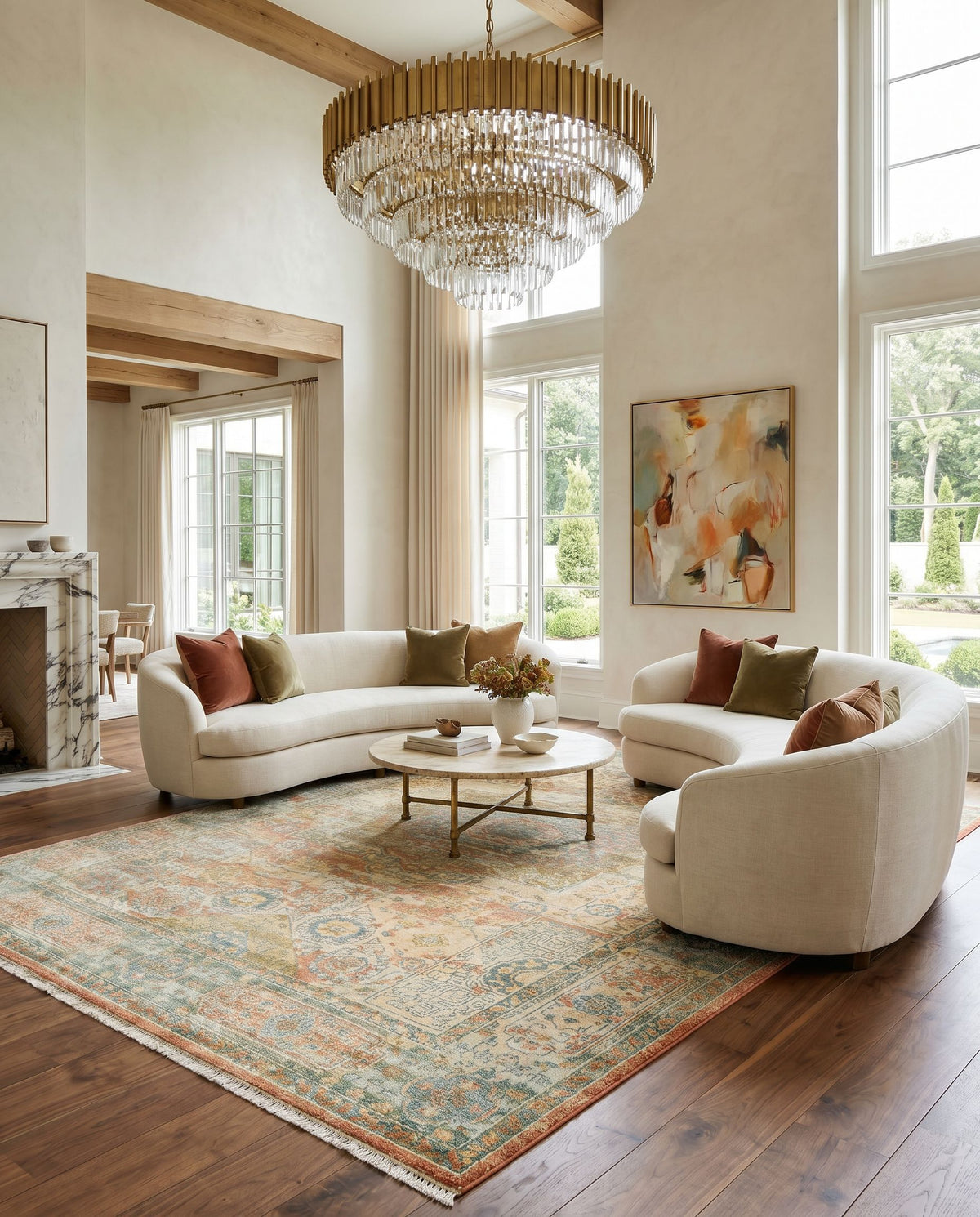 Hamadan HAM-2304 Hand Knotted Rug styled in an elegant designer living room — hand knotted traditional area rug in beige, dusty coral, teal and rust tones