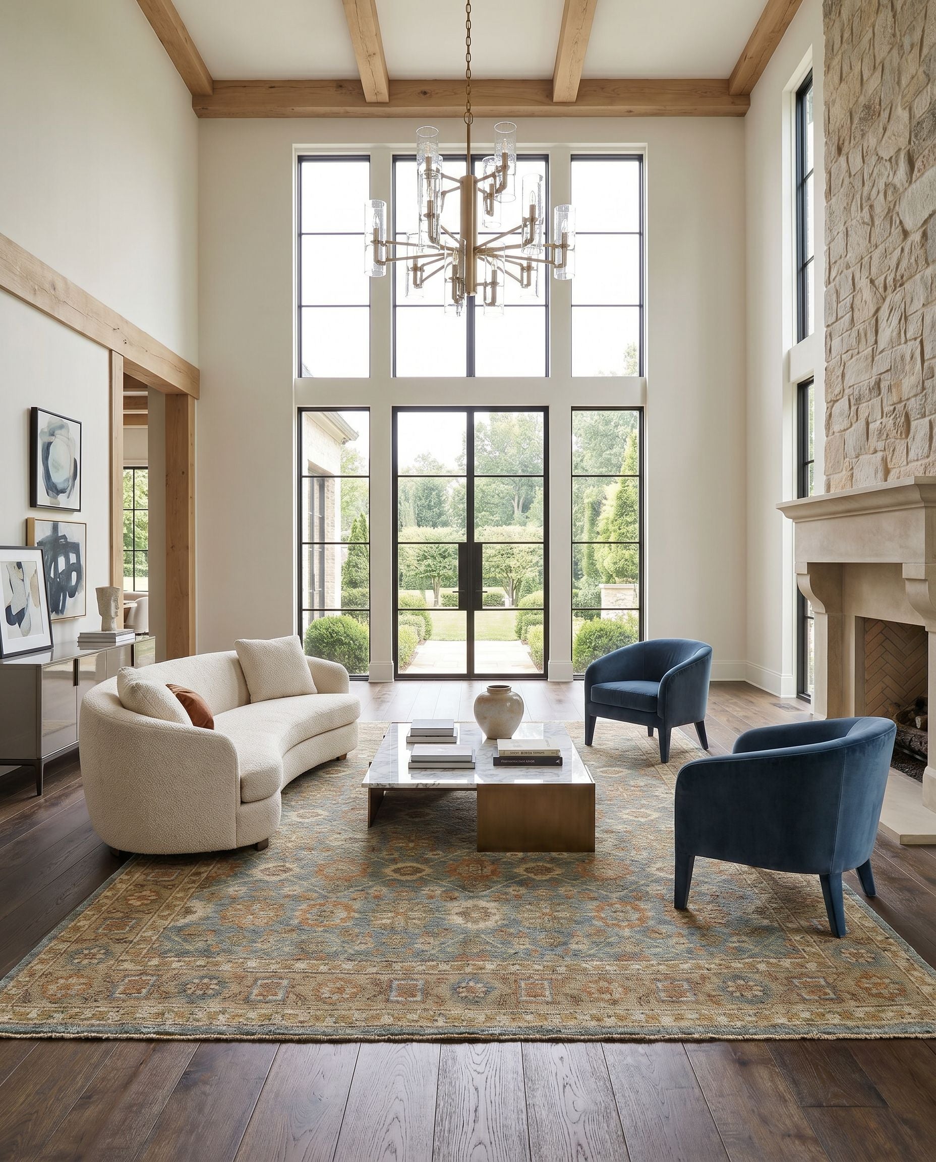 Reign REG-2308 Hand Knotted Rug styled in an elegant designer living room — hand knotted traditional area rug in sage, brown, dusty sage and light beige tones