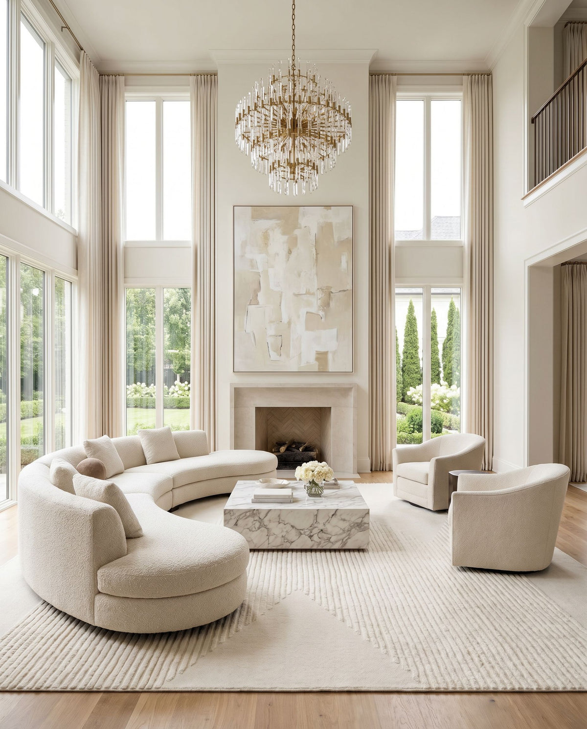 Apache APA-2301 Hand Woven Rug styled in an elegant designer living room — hand woven global area rug in cream tones