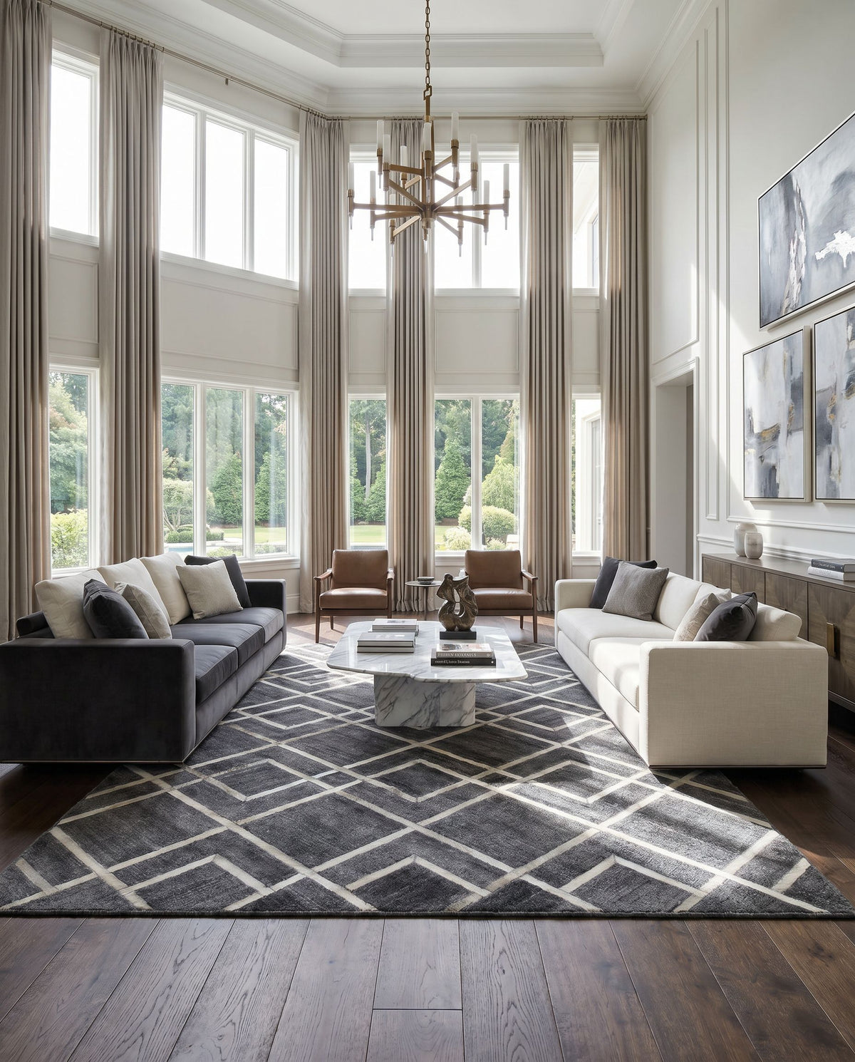Eloquent ELQ-2305 Hand Crafted Rug styled in an elegant designer living room — hand crafted modern area rug in black, gray and light gray tones
