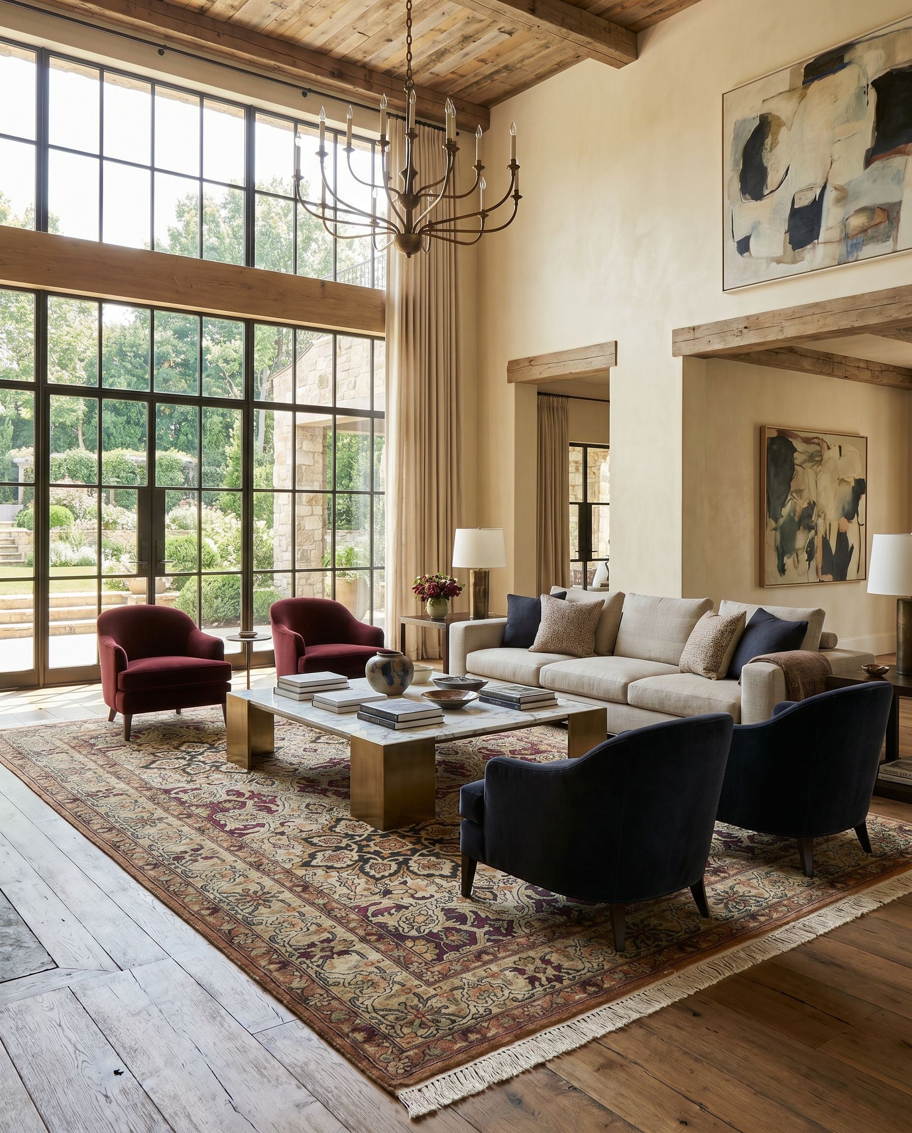 Taj Mahal TJ-11 Hand Knotted Rug styled in an elegant designer living room — hand knotted traditional area rug in light brown, brown, amber and mustard tones