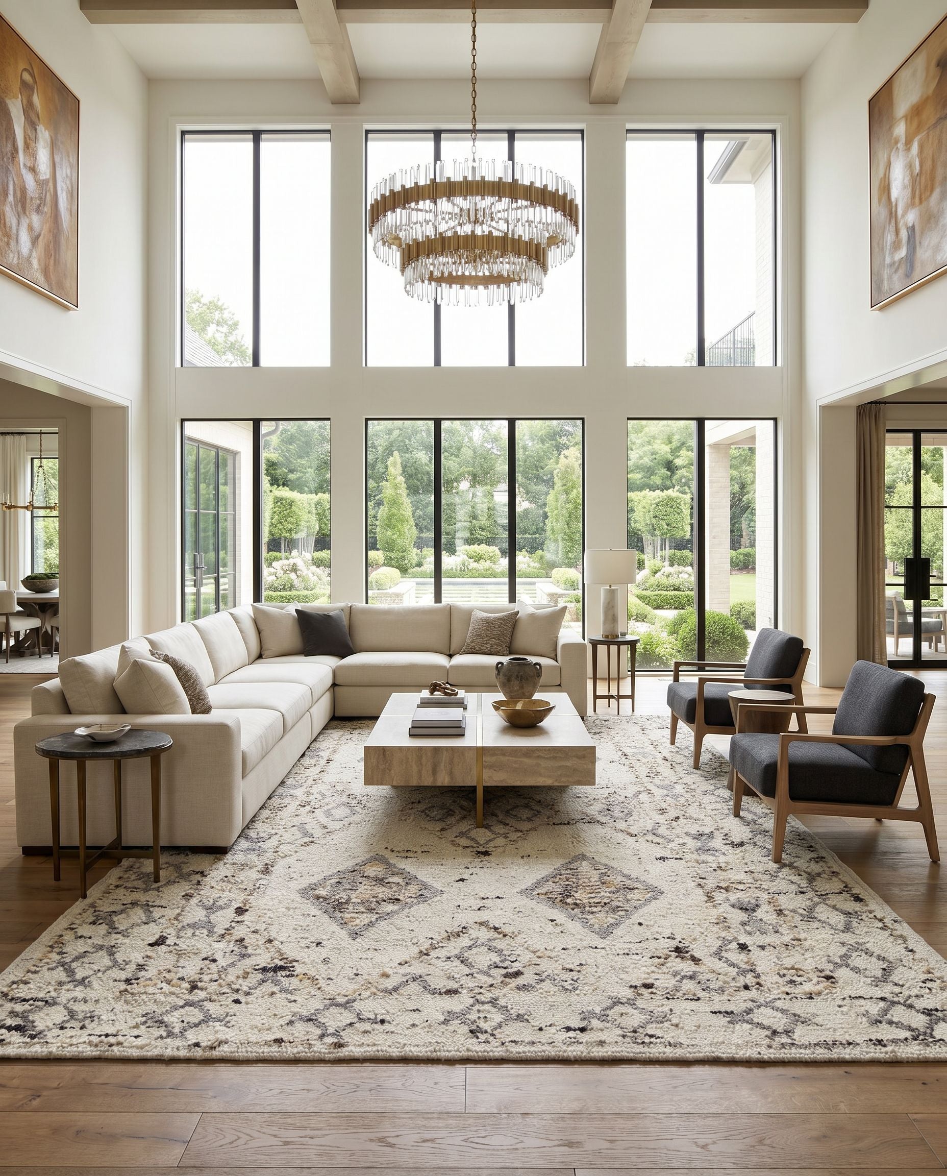 Bremen BEN-2300 Hand Woven Rug styled in an elegant designer living room — hand woven global area rug in cream, gray, charcoal and black tones