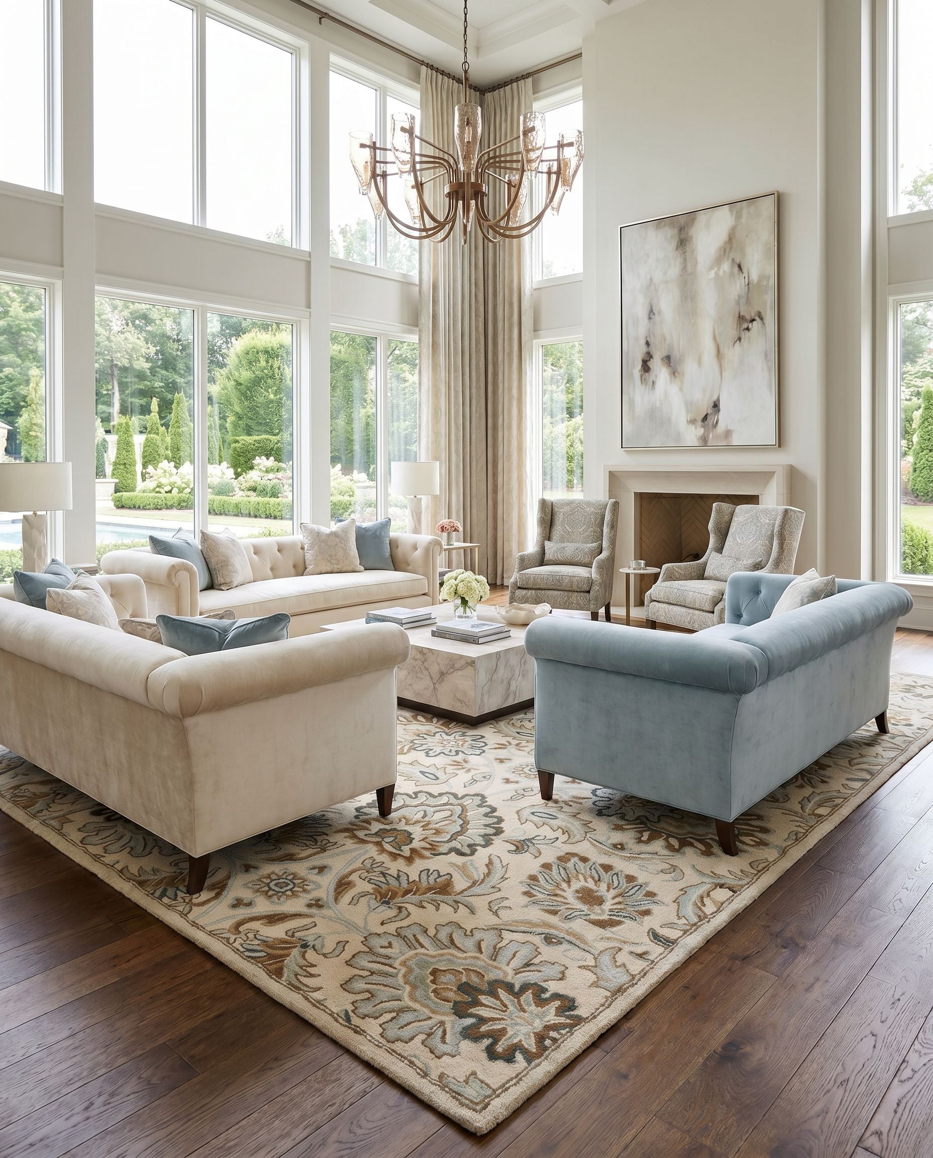 Caesar CAE-1228 Hand Tufted Rug styled in an elegant designer living room — hand tufted traditional area rug in ivory, taupe, sage and sky blue tones