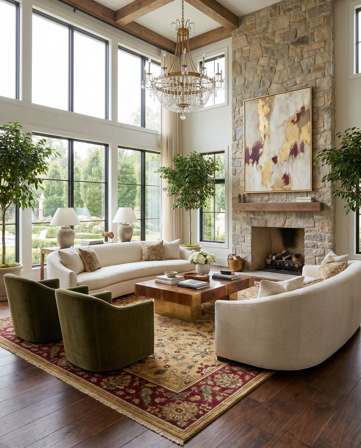 Babylon BL-1902 Hand Knotted Rug styled in an elegant designer living room — hand knotted traditional area rug in rust, mustard, tan and brown tones