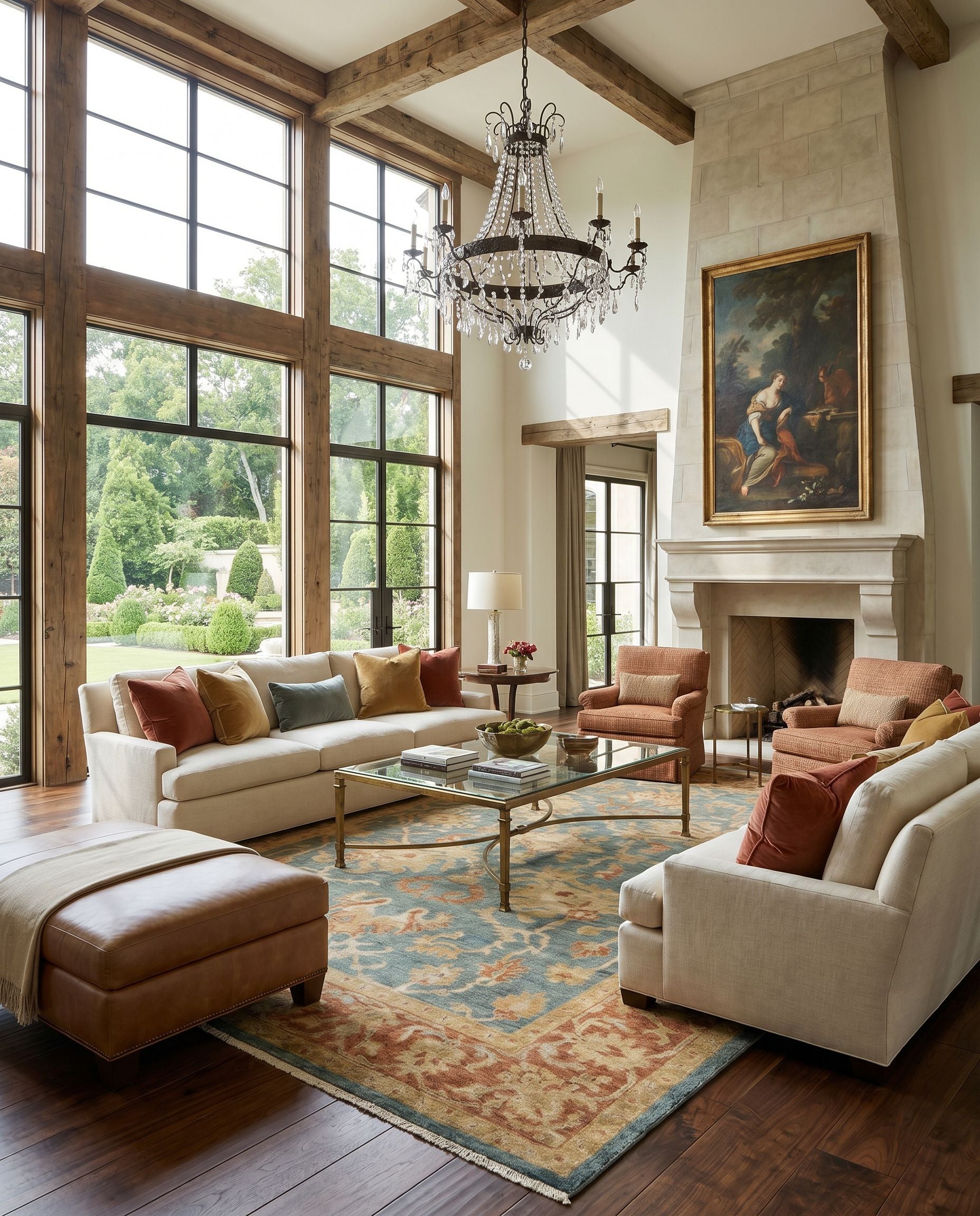 Hillcrest HIL-9026 Hand Knotted Rug styled in an elegant designer living room — hand knotted traditional area rug in teal, camel, olive and light green tones